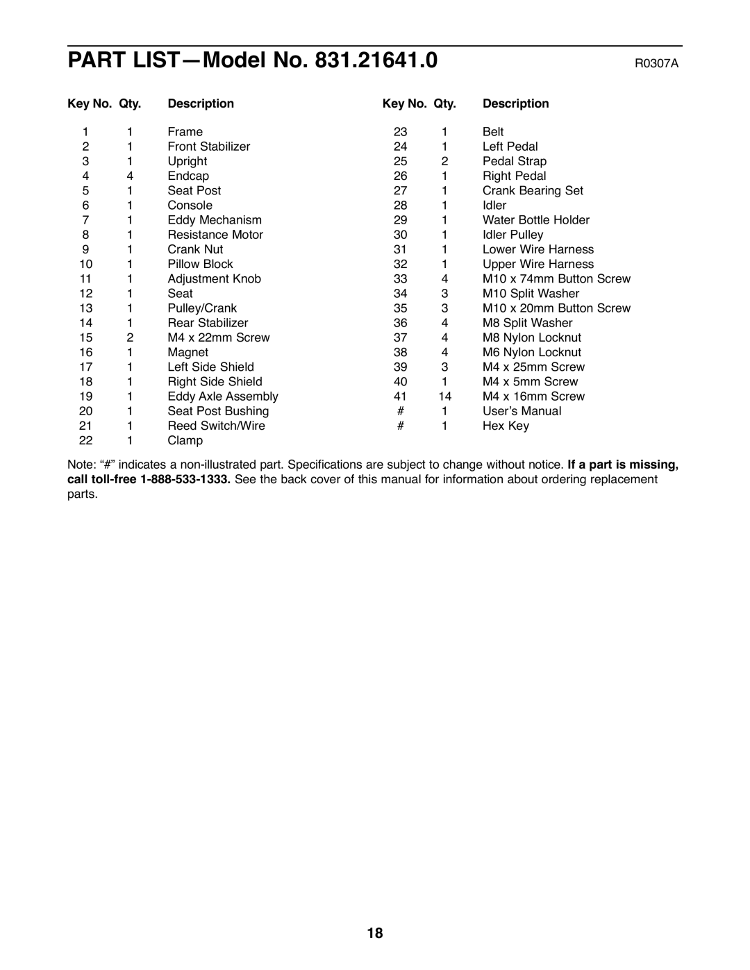 ProForm 831.21641.0 user manual Part LIST-Model No, Key No. Qty Description 