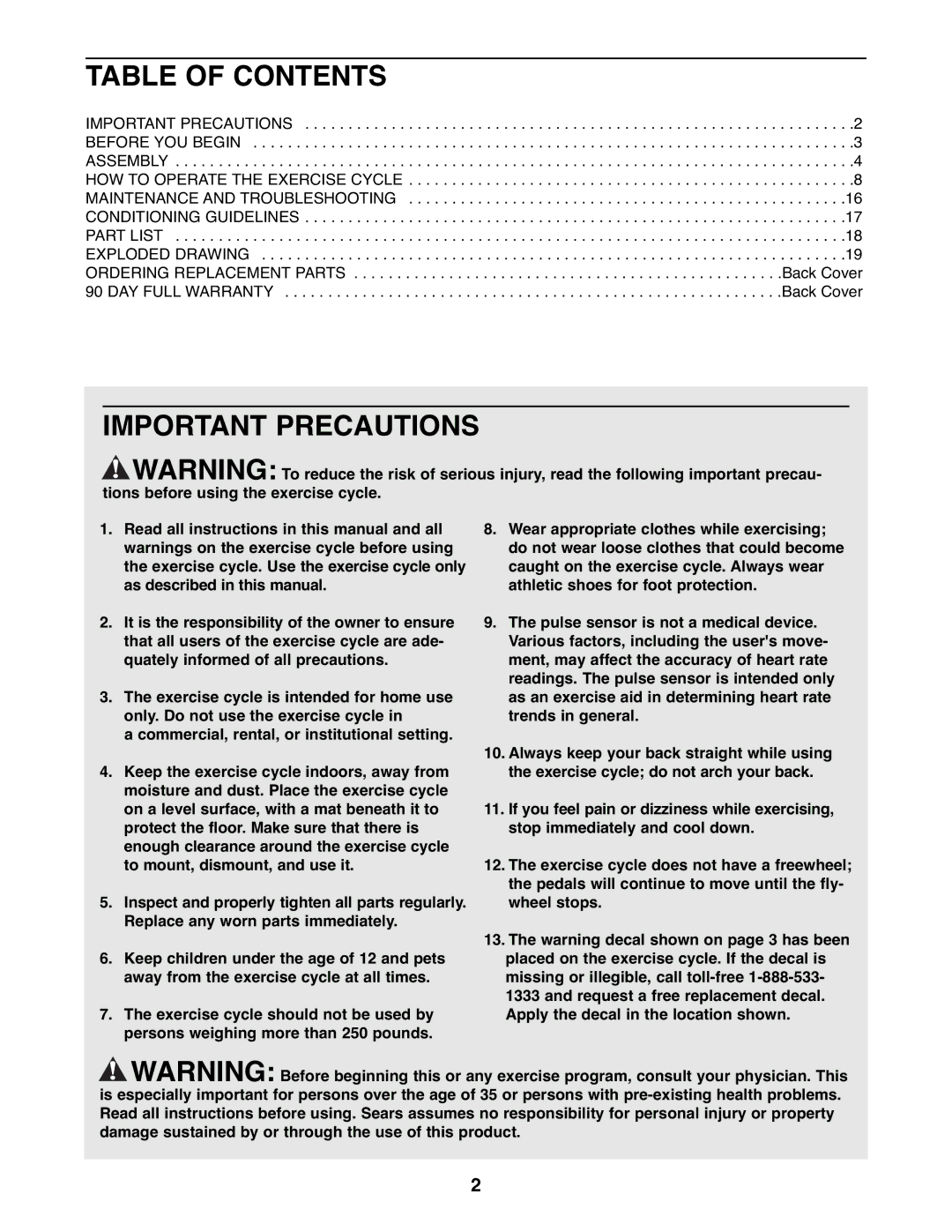 ProForm 831.21641.0 user manual Table of Contents, Important Precautions 