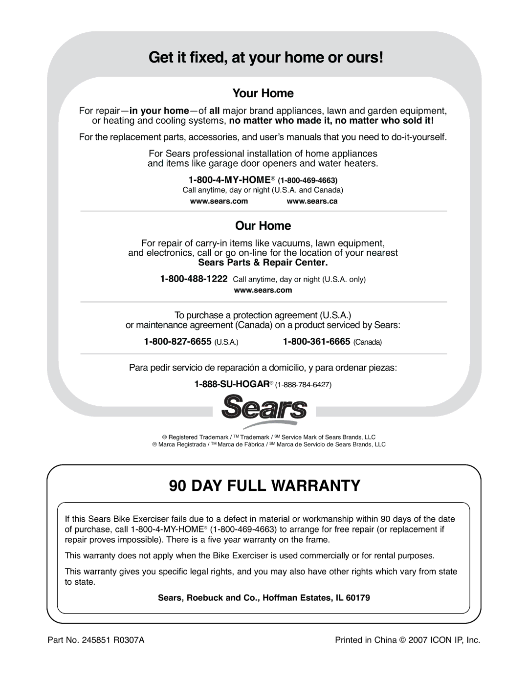 ProForm 831.21641.0 user manual Get it fixed, at your home or ours, DAY Full Warranty 