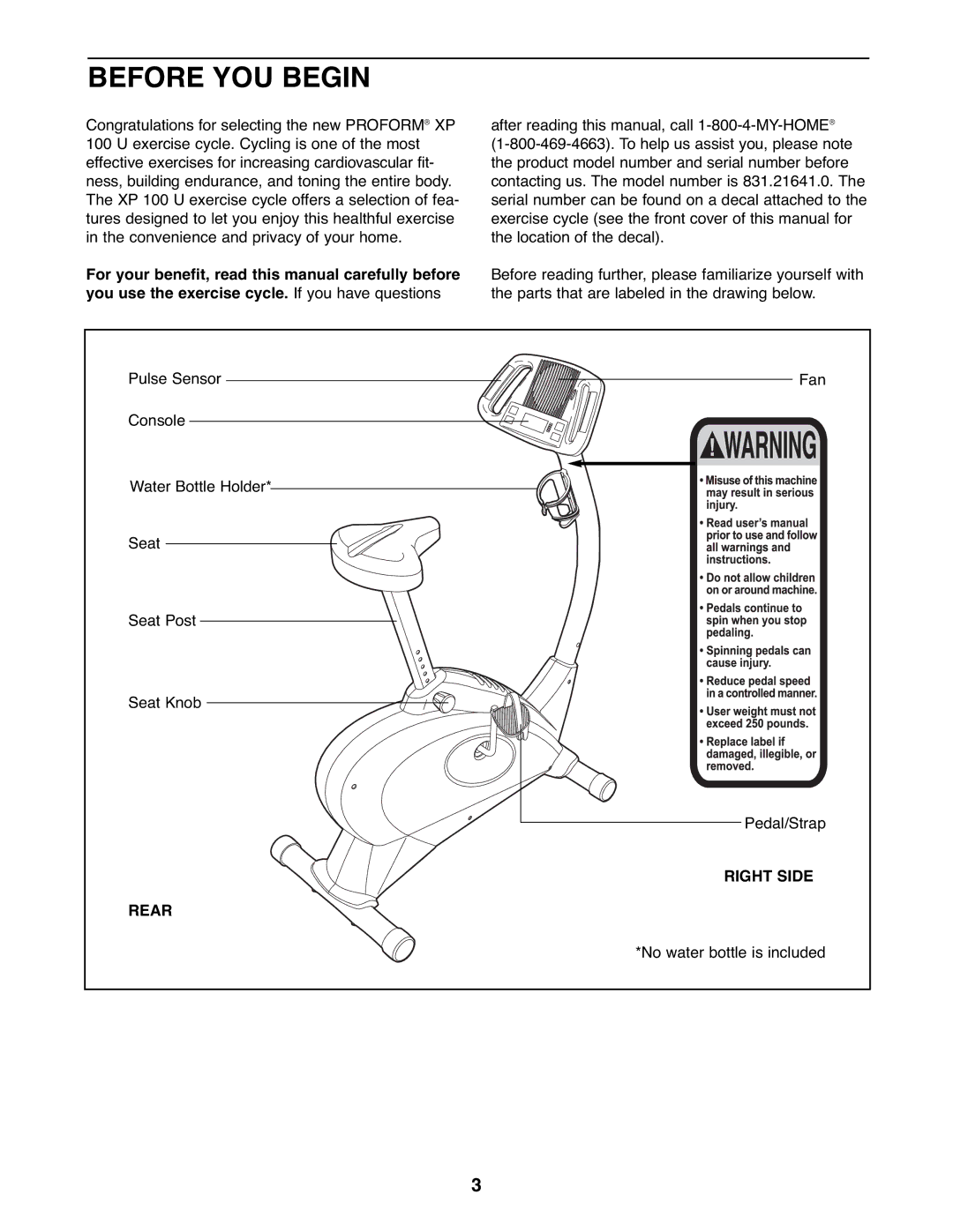 ProForm 831.21641.0 user manual Before YOU Begin, Right Side, Rear 