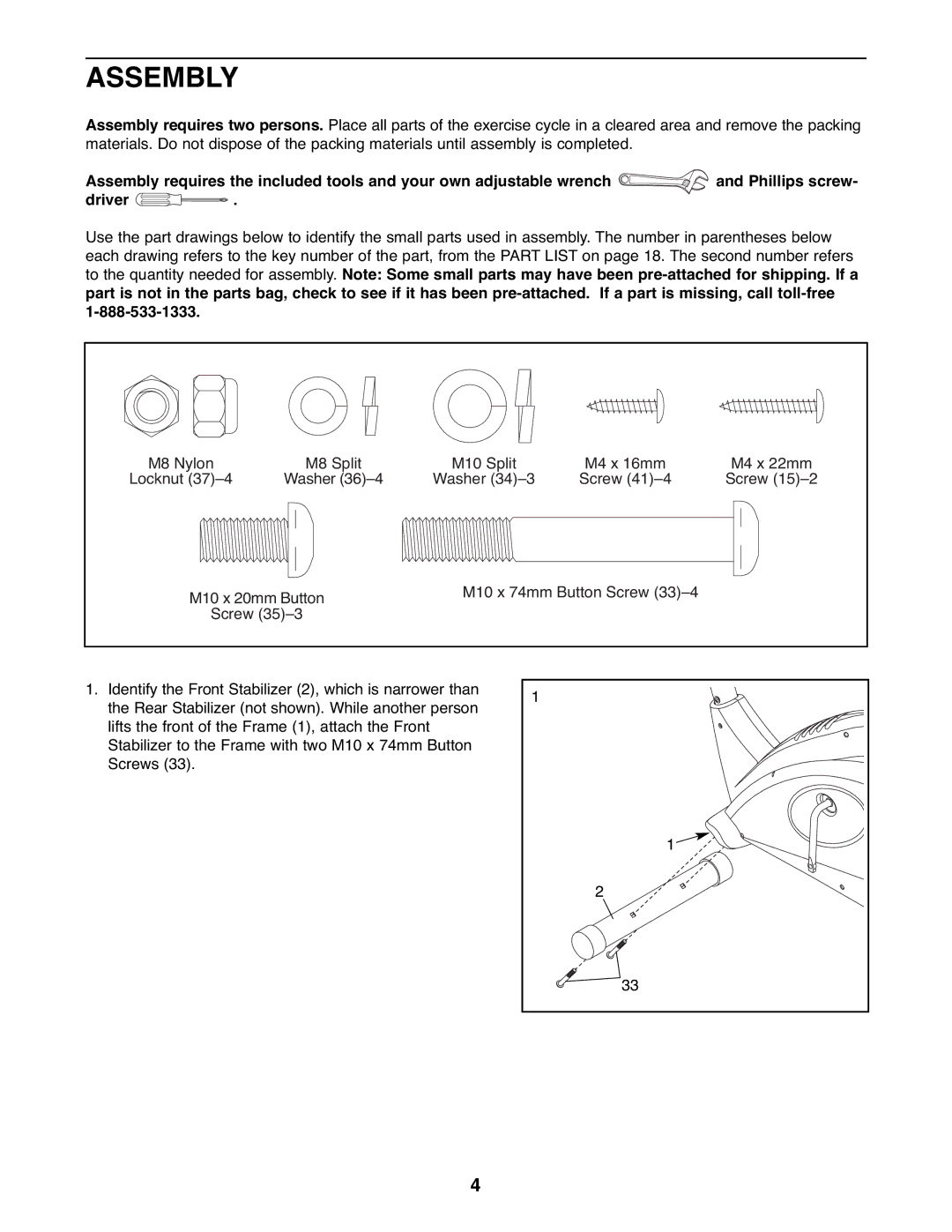 ProForm 831.21641.0 user manual Assembly, M10 x 74mm Button Screw 