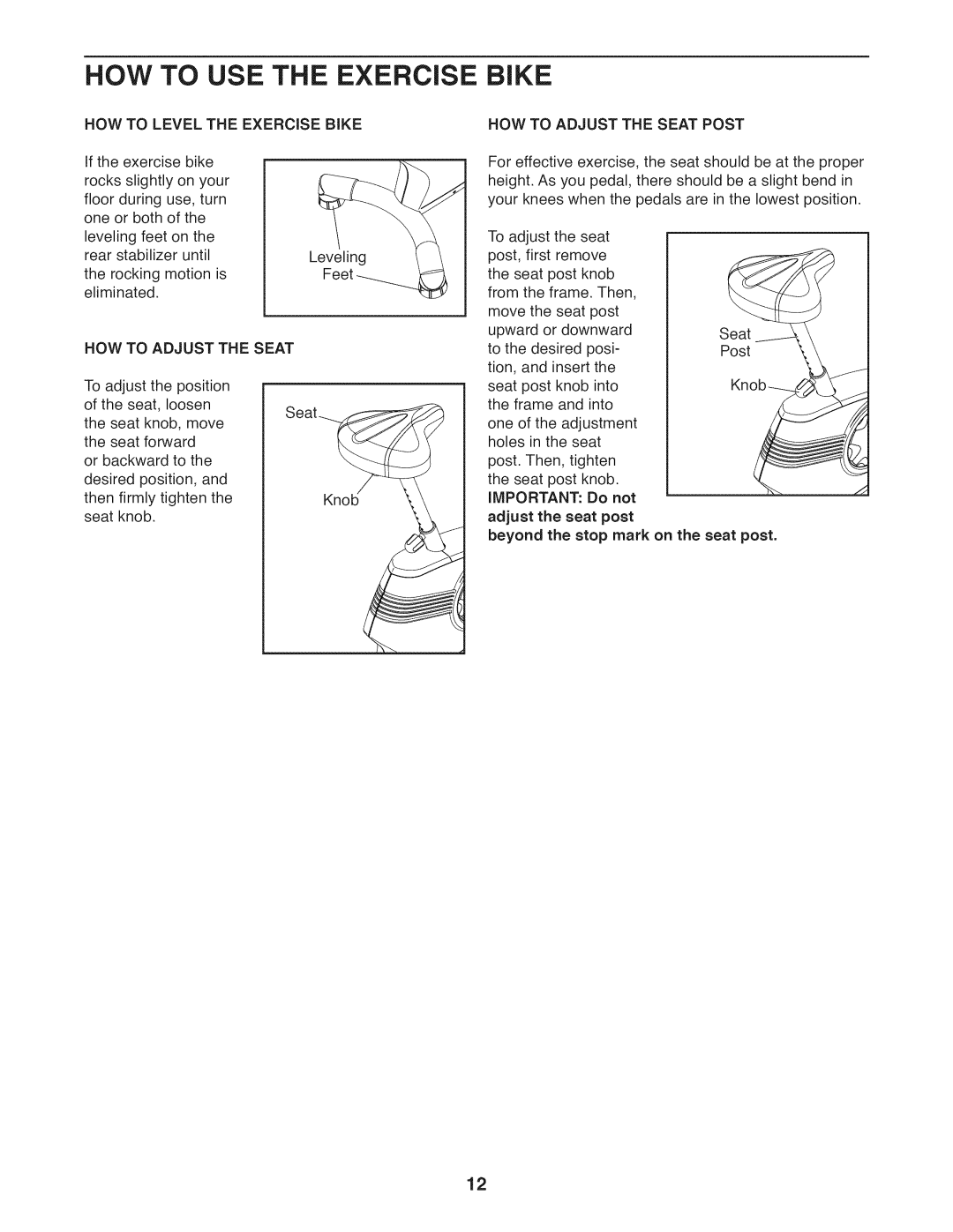 ProForm 831.21941.2 user manual IMPORTANT Do not, Beyond the stop mark on the seat post 