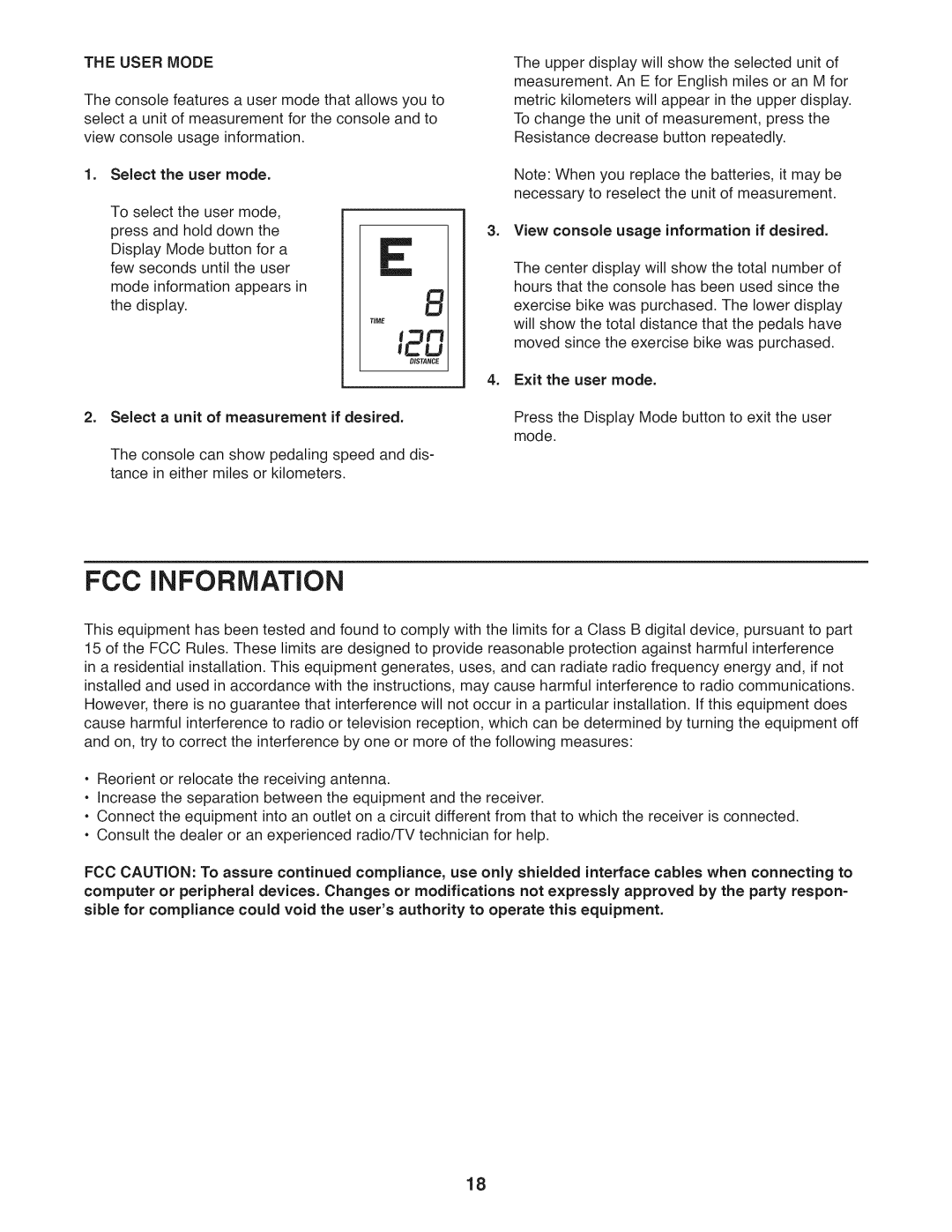 ProForm 831.21941.2 user manual FCC Information, User Mode, View console usage information if desired 