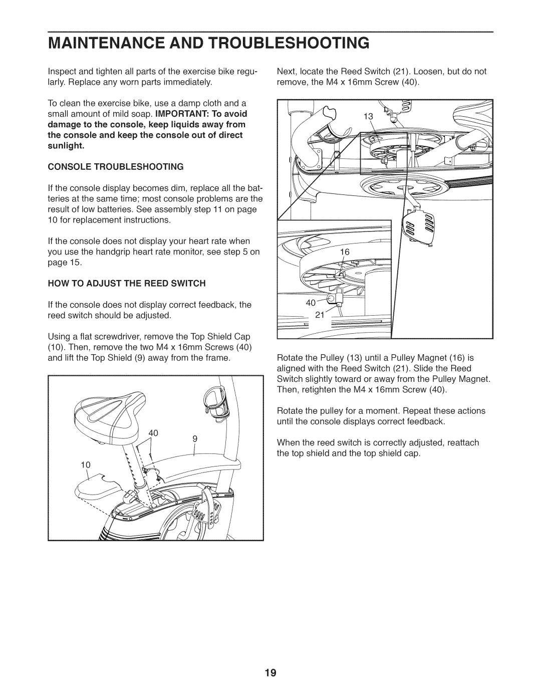 ProForm 831.21941.2 Maintenance and Troubleshooting, Sunlight, Console Troubleshooting, HOW to Adjust the Reed Switch 