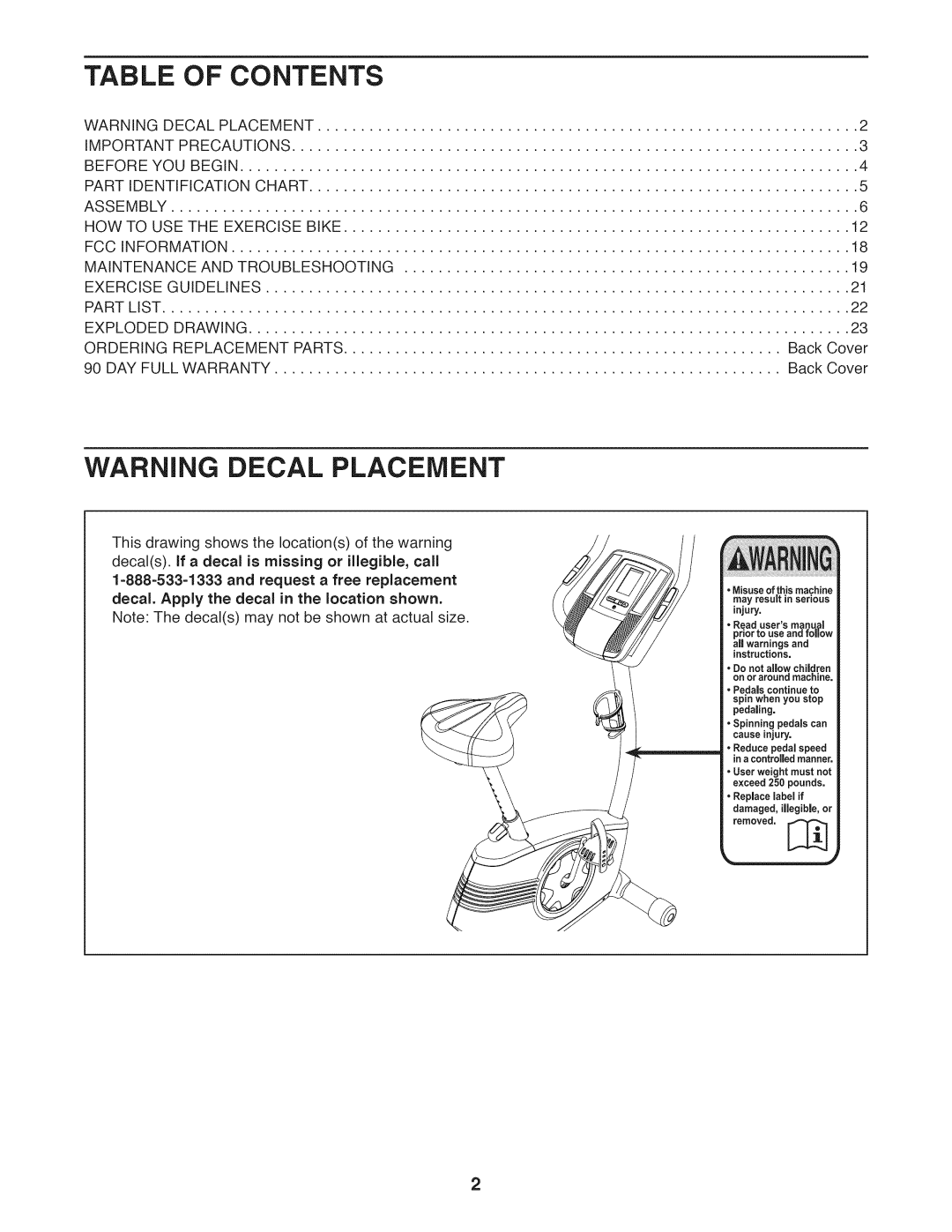 ProForm 831.21941.2 user manual Table of Contents 