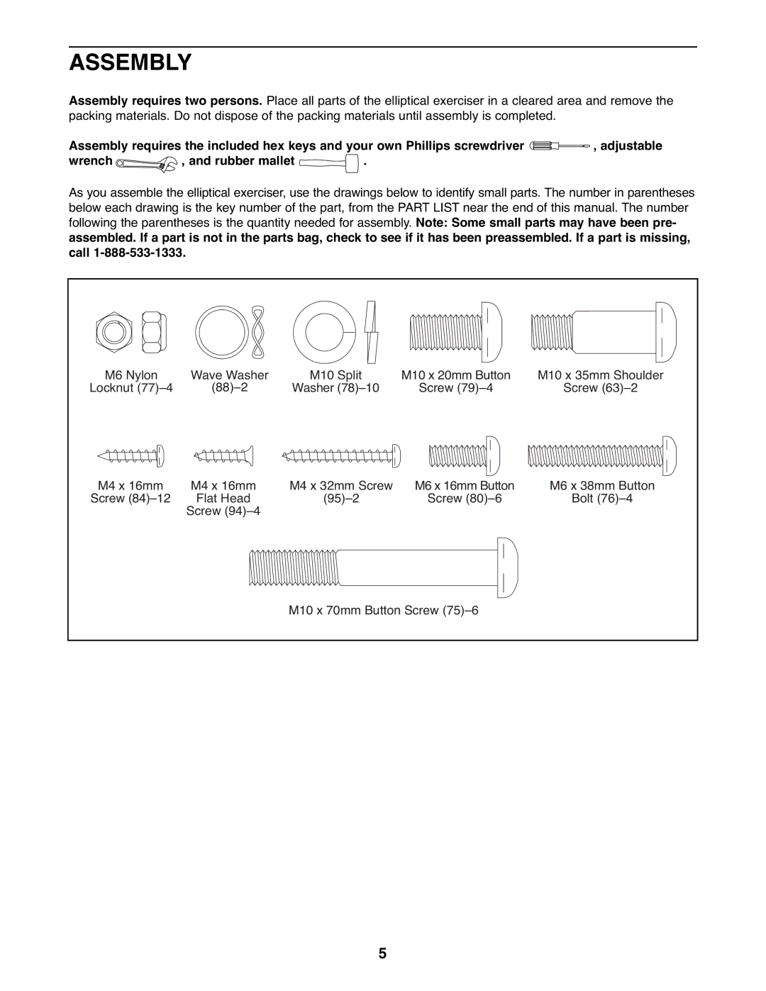 ProForm 831.23743.1 user manual Assembly, Screw Flat Head 95-2 Bolt M10 x 70mm Button Screw 