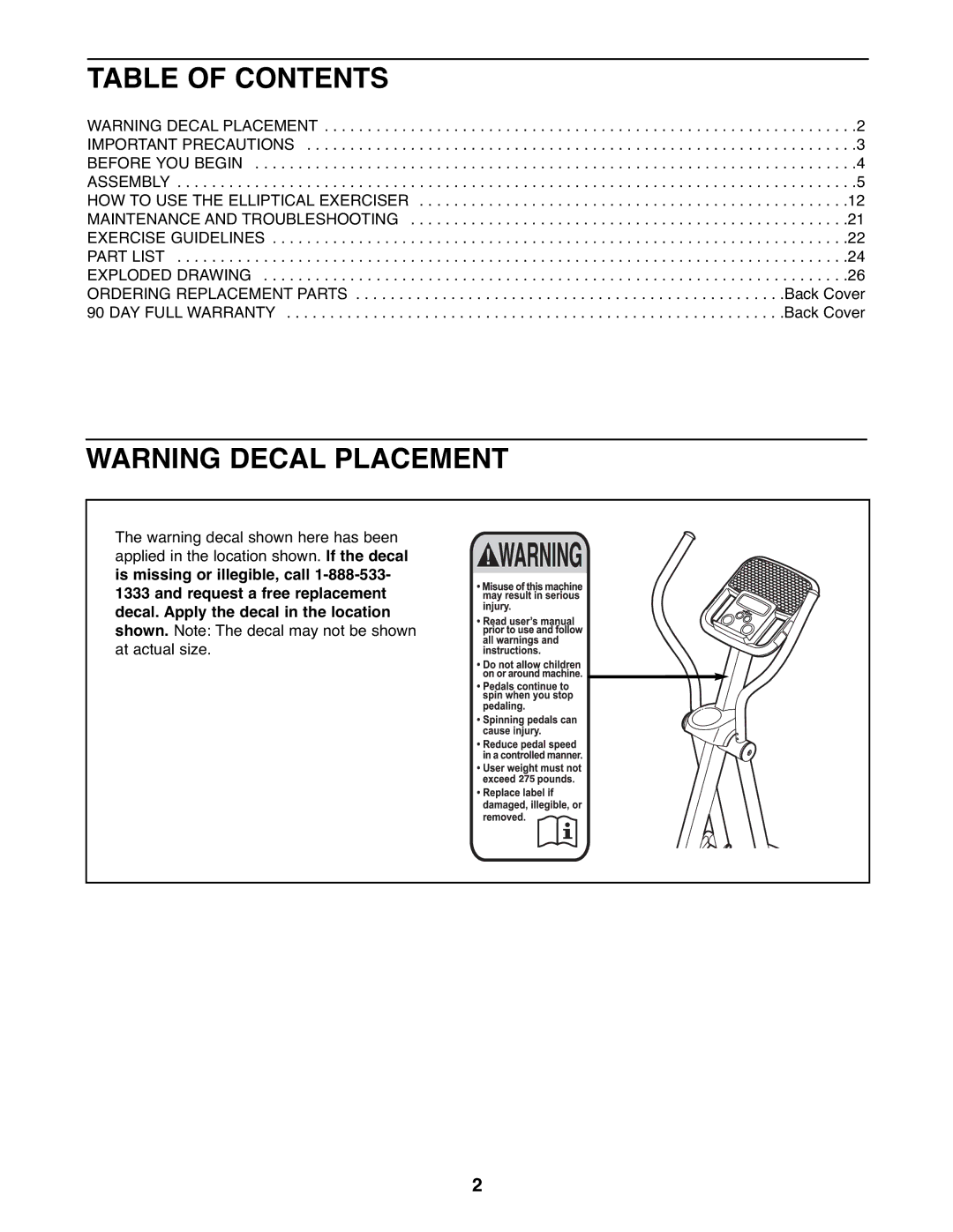 ProForm 831.23744.0 user manual Table of Contents 