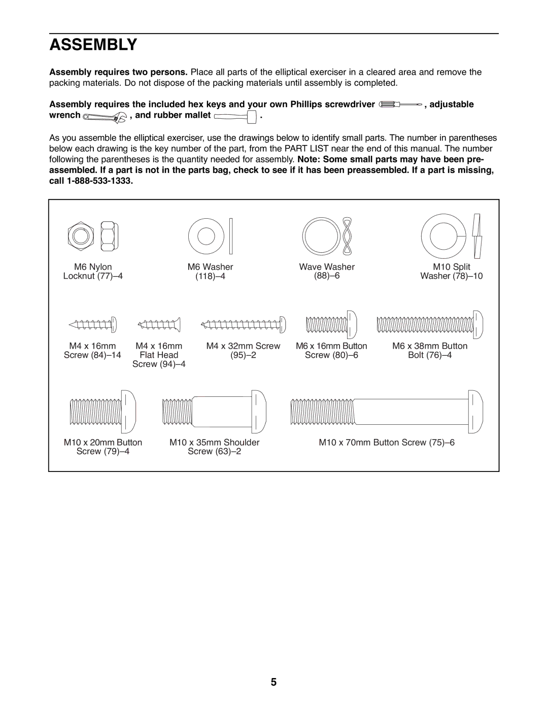 ProForm 831.23744.0 user manual Assembly, M10 x 35mm Shoulder M10 x 70mm Button Screw 