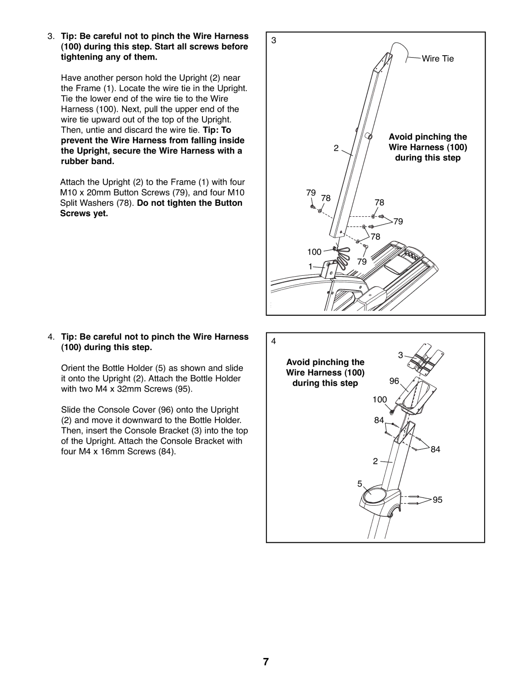 ProForm 831.23744.0 user manual Screws yet, Avoid pinching Wire Harness During this step 