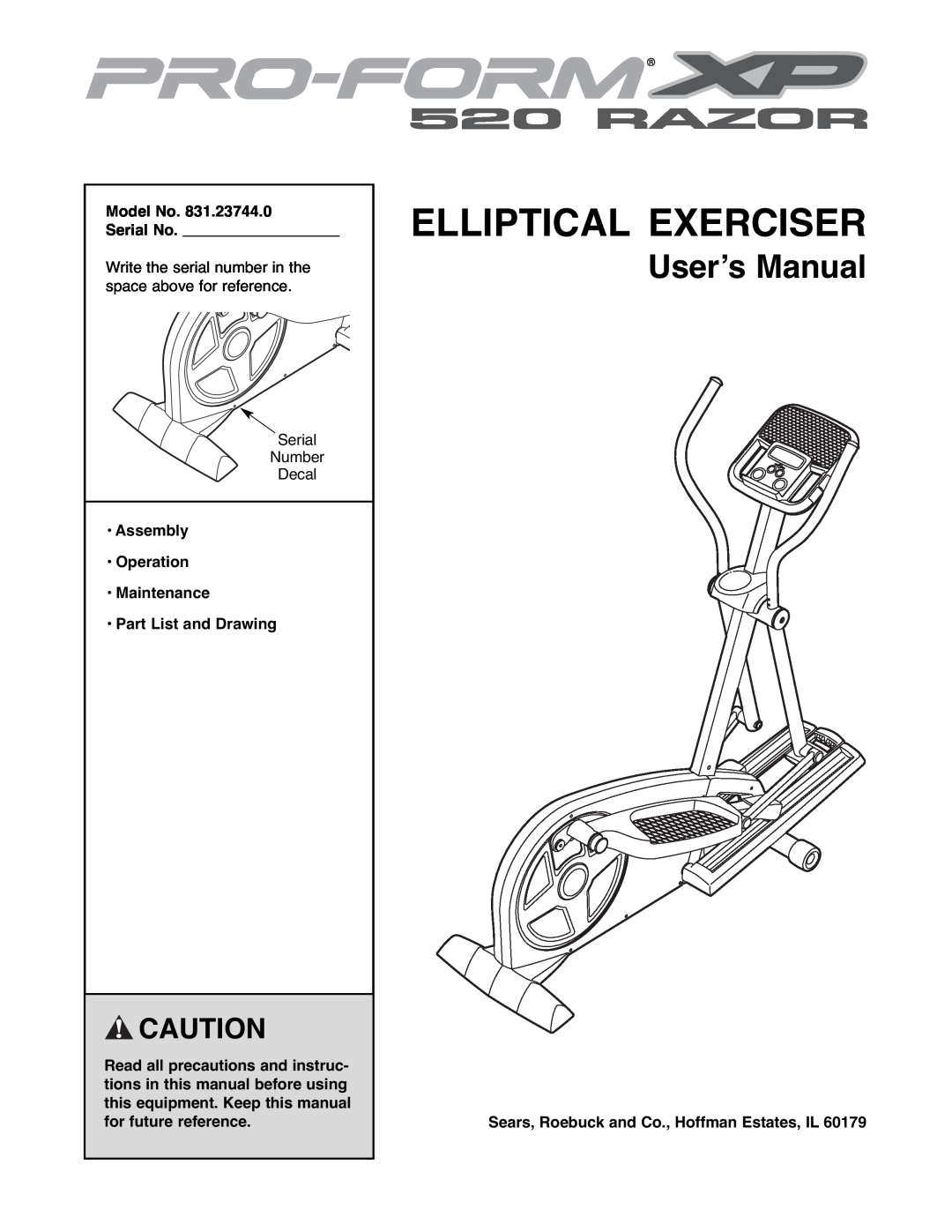 ProForm 831.23744.0 user manual Elliptical Exerciser, User’s Manual, Model No Serial No 