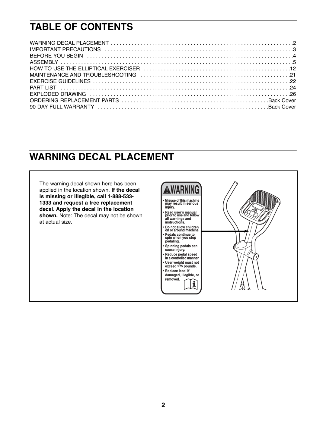 ProForm 831.23744.0 user manual Table Of Contents, Warning Decal Placement 