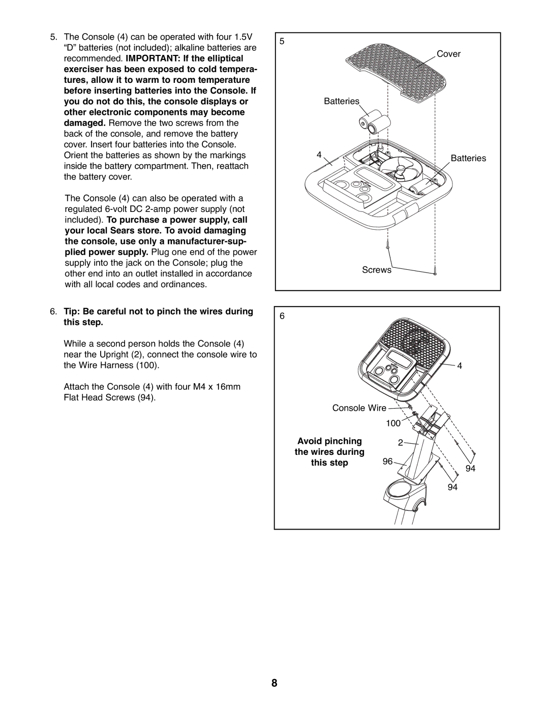 ProForm 831.23744.1 Tip Be careful not to pinch the wires during this step, Avoid pinching Wires during This step 