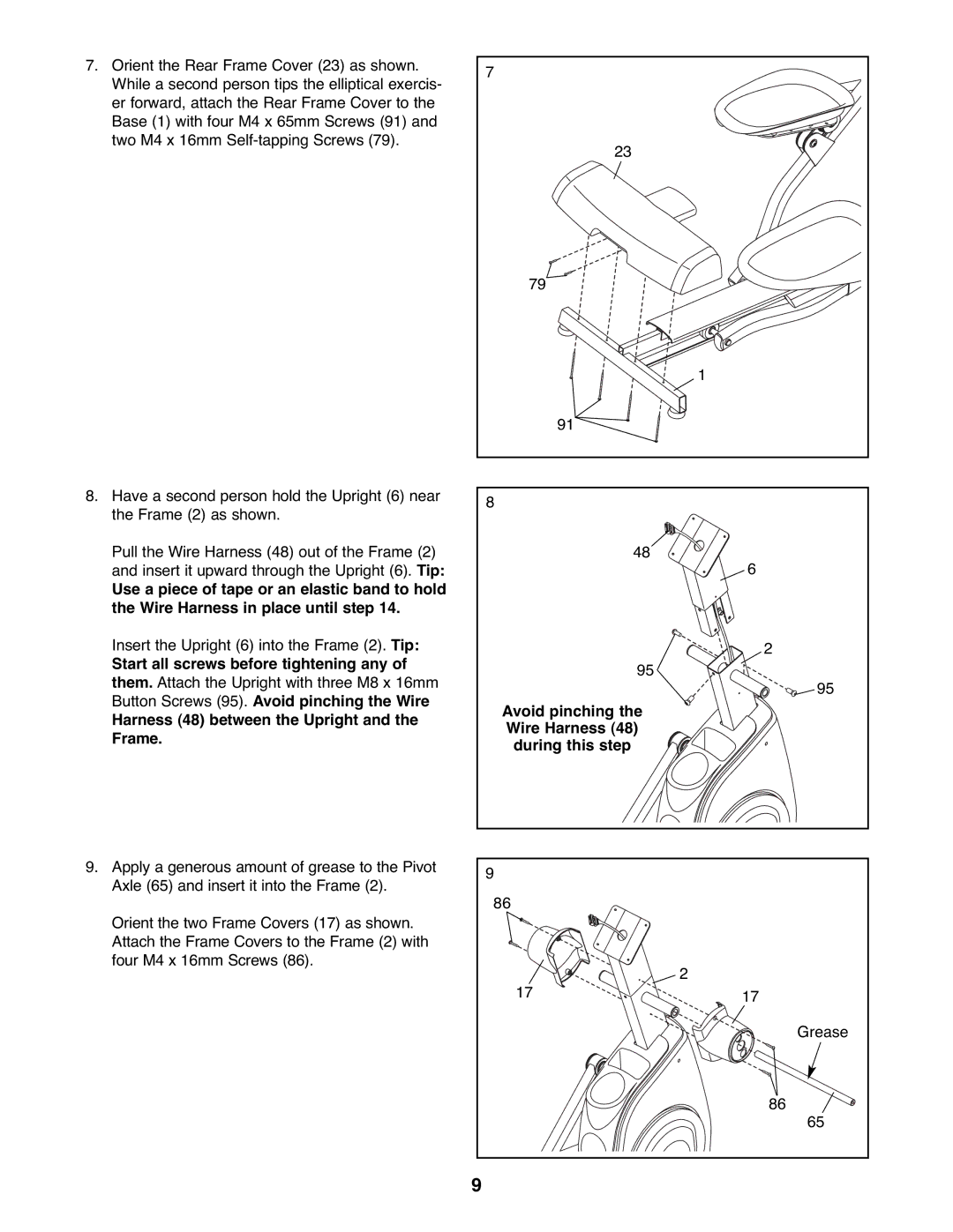 ProForm 831.23745.0 Start all screws before tightening any, Button Screws 95. Avoid pinching the Wire, Wire Harness, Frame 