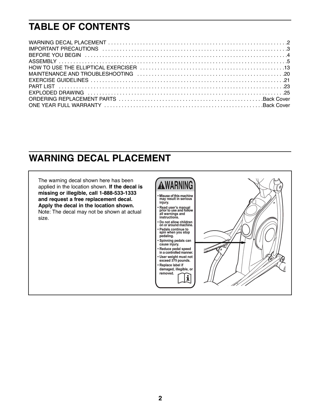 ProForm 831.23745.1 user manual Table of Contents 