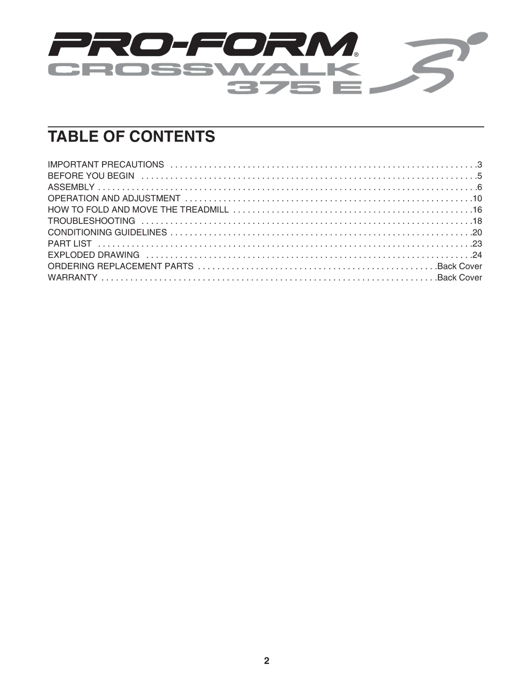 ProForm 831.24623.0 user manual Table of Contents 