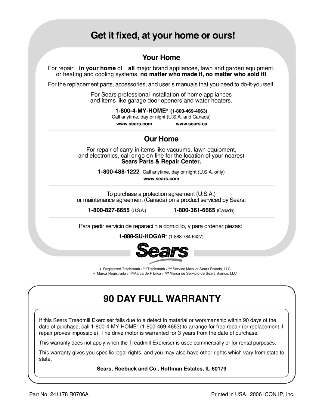 ProForm 831.24623.0 user manual DAY Full Warranty, Sears, Roebuck and Co., Hoffman Estates, IL 