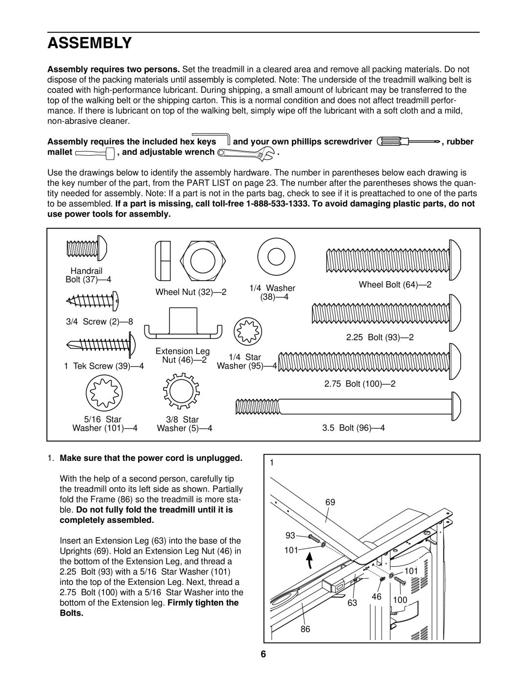 ProForm 831.24623.0 user manual Assembly, Make sure that the power cord is unplugged, Bolts 