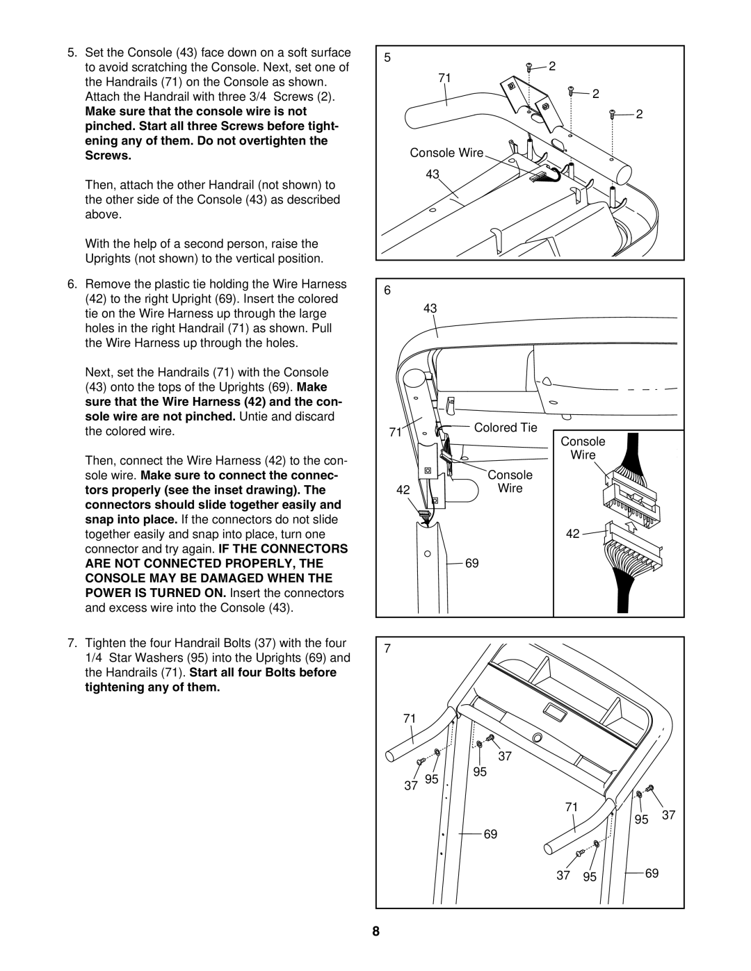 ProForm 831.24623.0 user manual Screws, Sole wire. Make sure to connect the connec, Tors properly see the inset drawing 