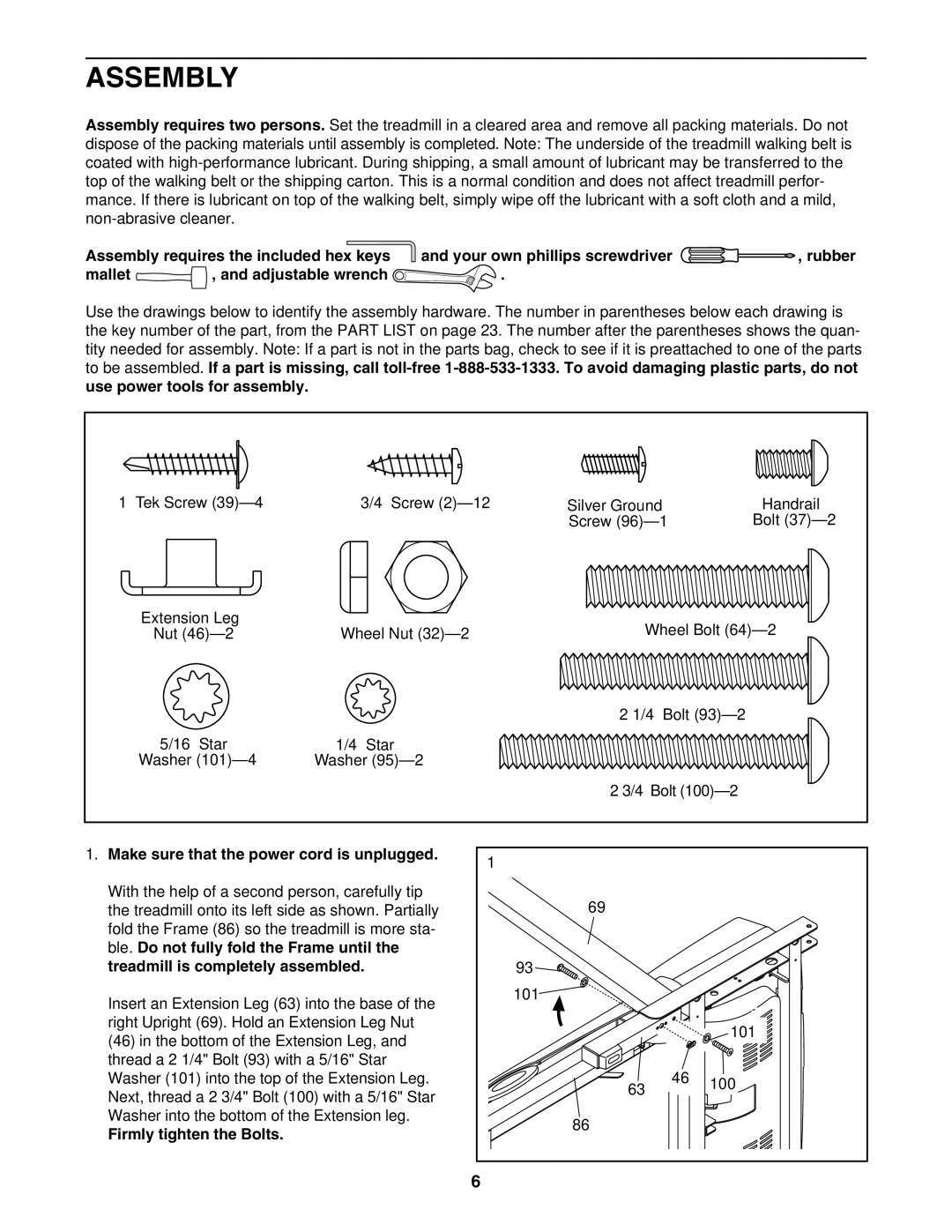 ProForm 831.24624.0 user manual Assembly, Make sure that the power cord is unplugged, Firmly tighten the Bolts 