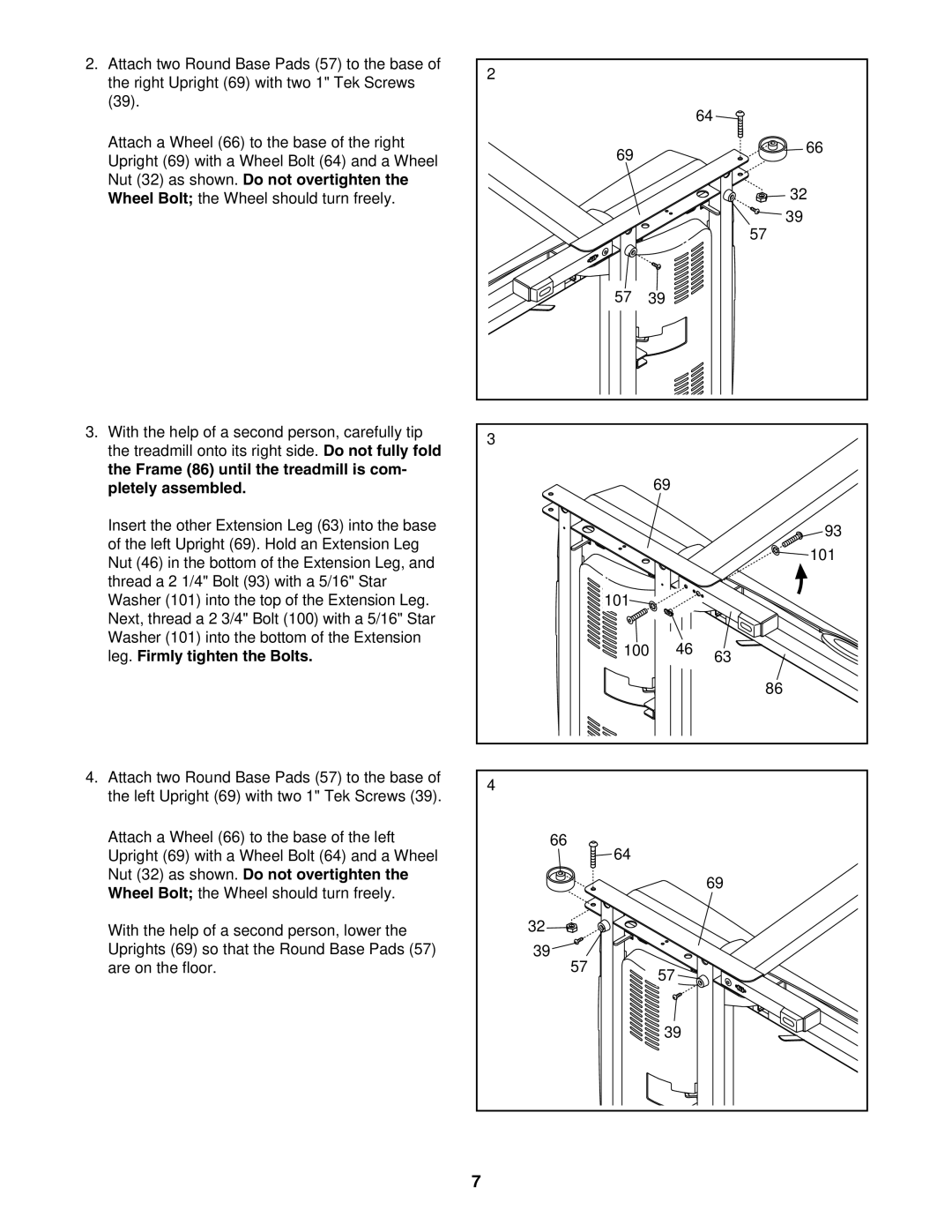 ProForm 831.24624.0 user manual Nut 32 as shown. Do not overtighten, Frame 86 until the treadmill is com Pletely assembled 