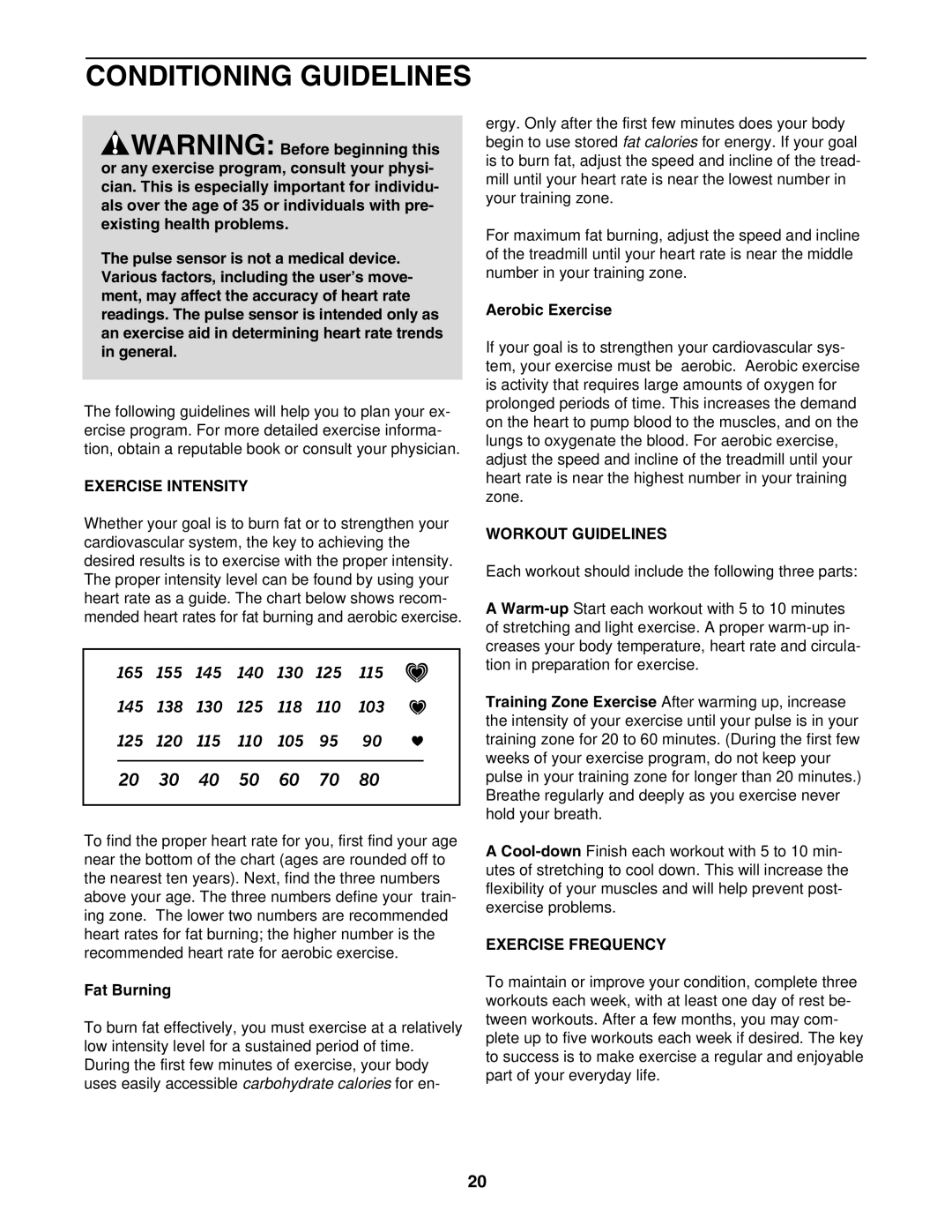 ProForm 831.24633.0 user manual Conditioning Guidelines, Exercise Intensity, Workout Guidelines, Exercise Frequency 