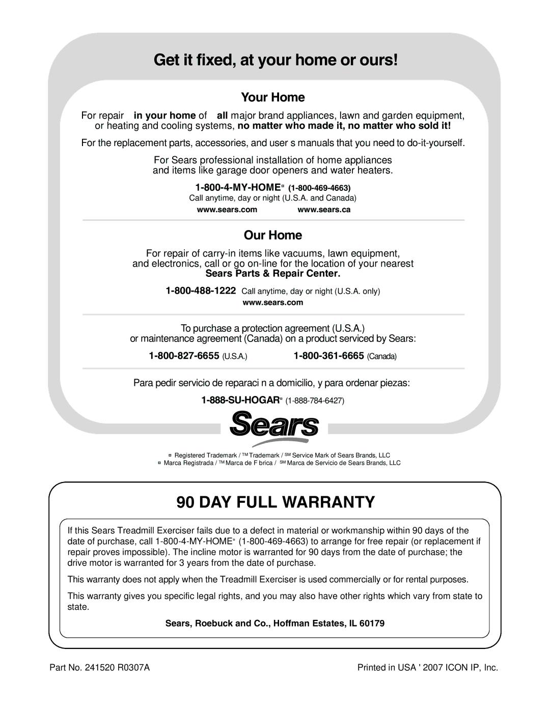 ProForm 831.24633.0 user manual DAY Full Warranty, Sears, Roebuck and Co., Hoffman Estates, IL 