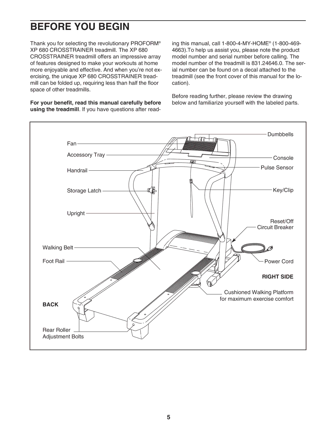 ProForm 831.24646.0 user manual Before YOU Begin, Right Side, Back 