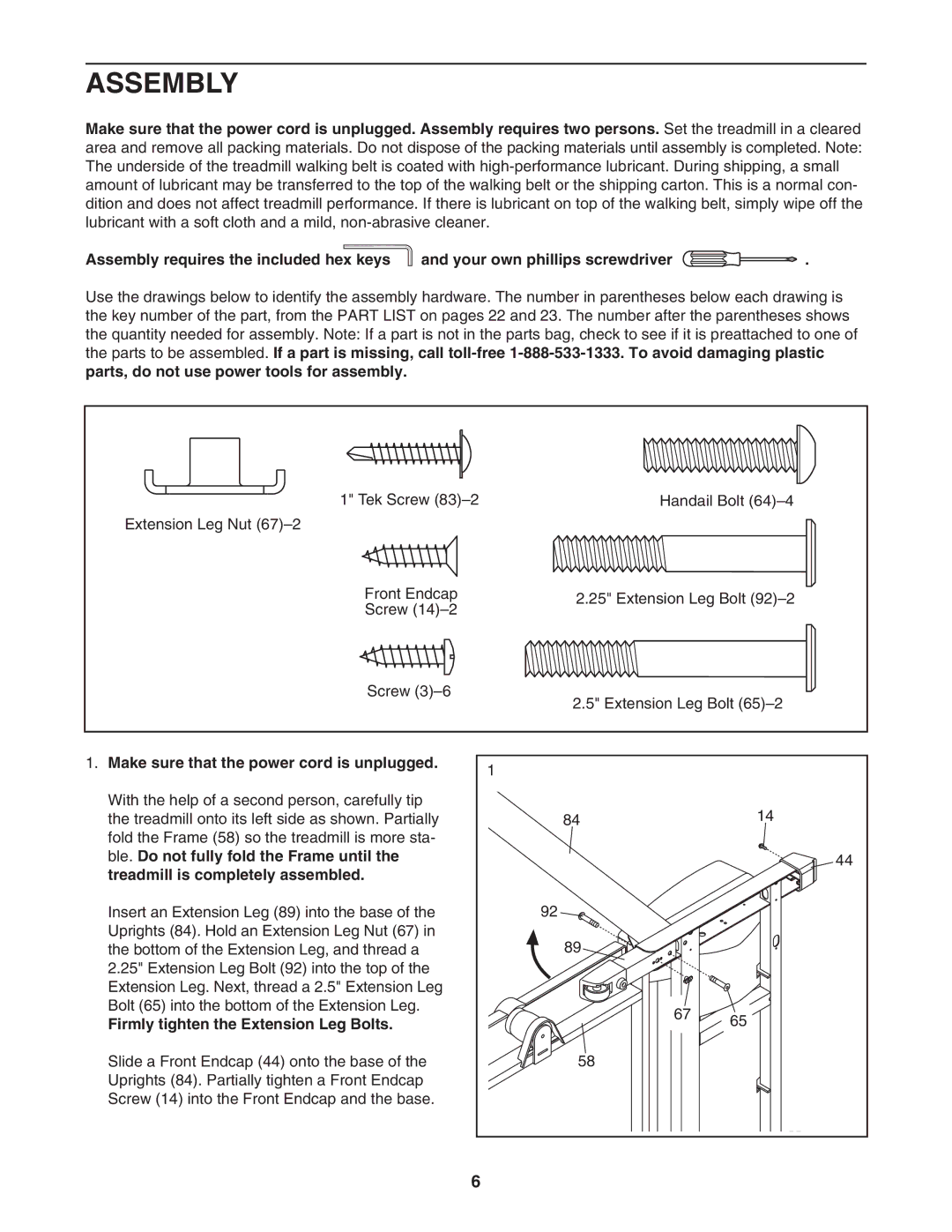 ProForm 831.24646.0 Assembly, Make sure that the power cord is unplugged, Firmly tighten the Extension Leg Bolts 