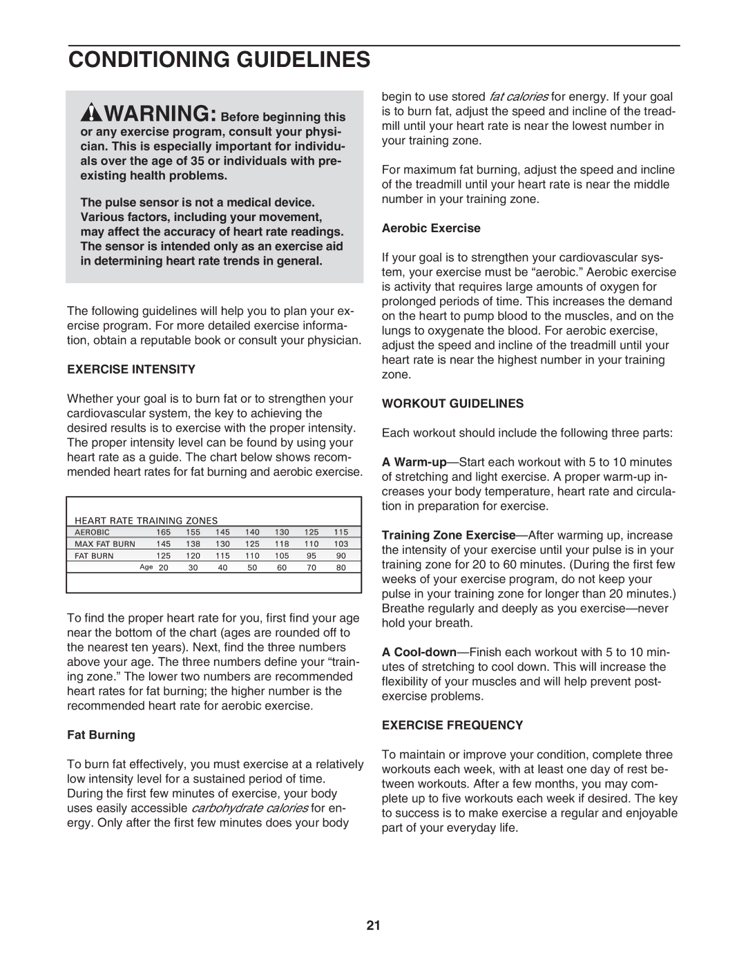 ProForm 831.24646.1 user manual Conditioning Guidelines, Exercise Intensity, Workout Guidelines, Exercise Frequency 