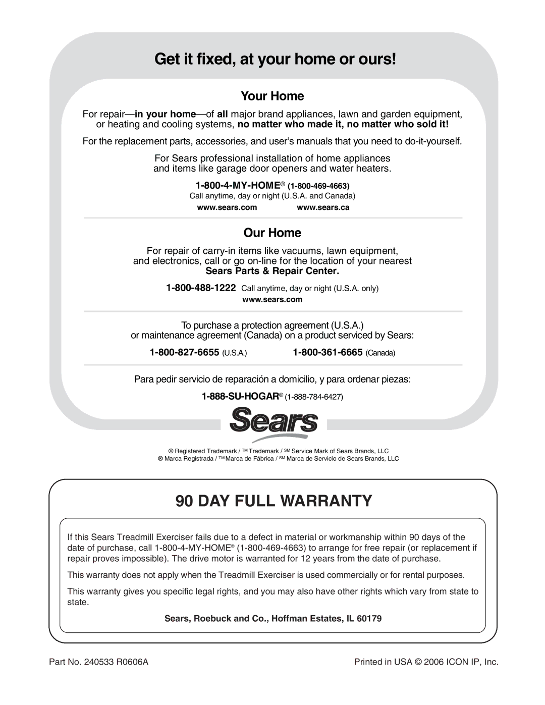 ProForm 831.24655.0 user manual DAY Full Warranty, Sears, Roebuck and Co., Hoffman Estates, IL 