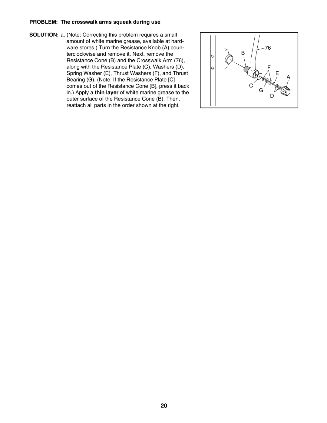 ProForm 831.24723.0 user manual Problem The crosswalk arms squeak during use 