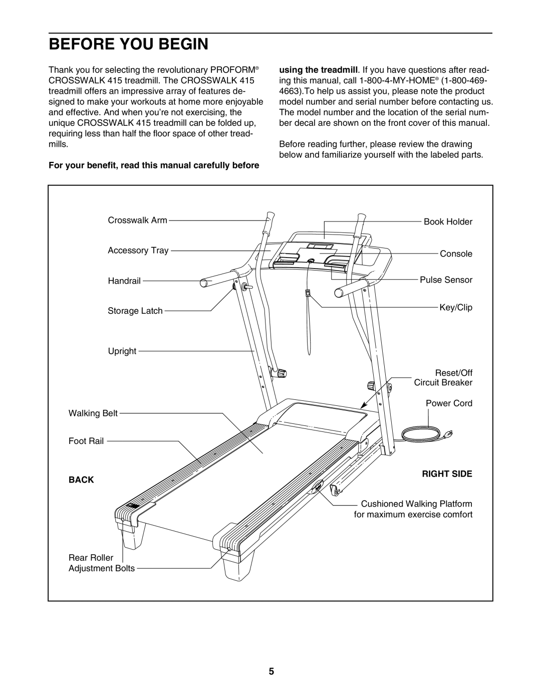 ProForm 831.24723.0 user manual Before YOU Begin, For your benefit, read this manual carefully before, Back Right Side 