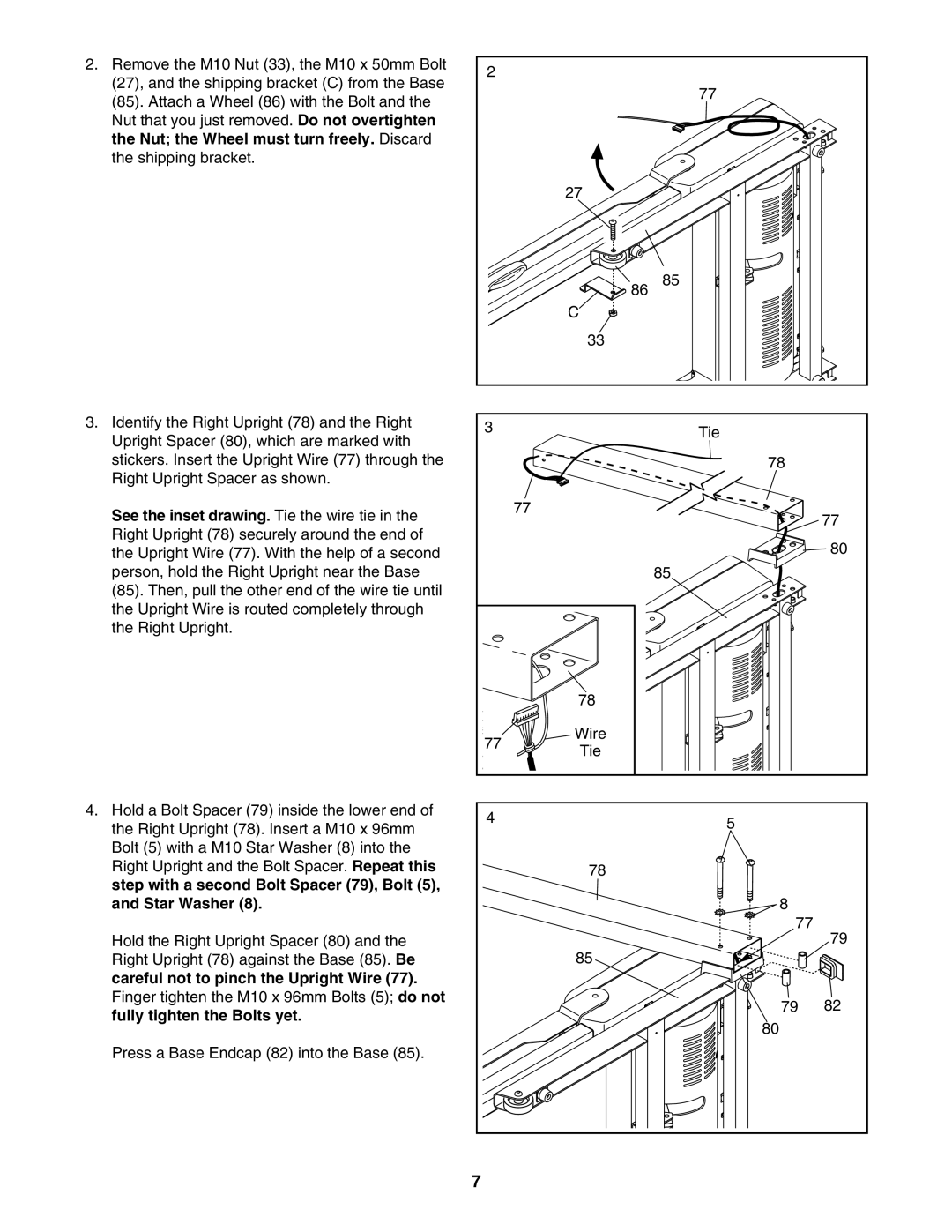 ProForm 831.24723.1 user manual Step with a second Bolt Spacer 79, Bolt Star Washer, Careful not to pinch the Upright Wire 