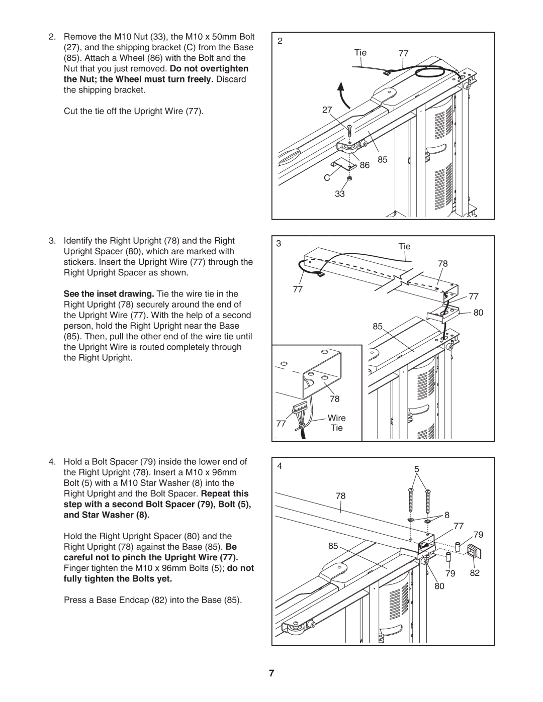 ProForm 831.24723.2 user manual Step with a second Bolt Spacer 79, Bolt Star Washer, Careful not to pinch the Upright Wire 