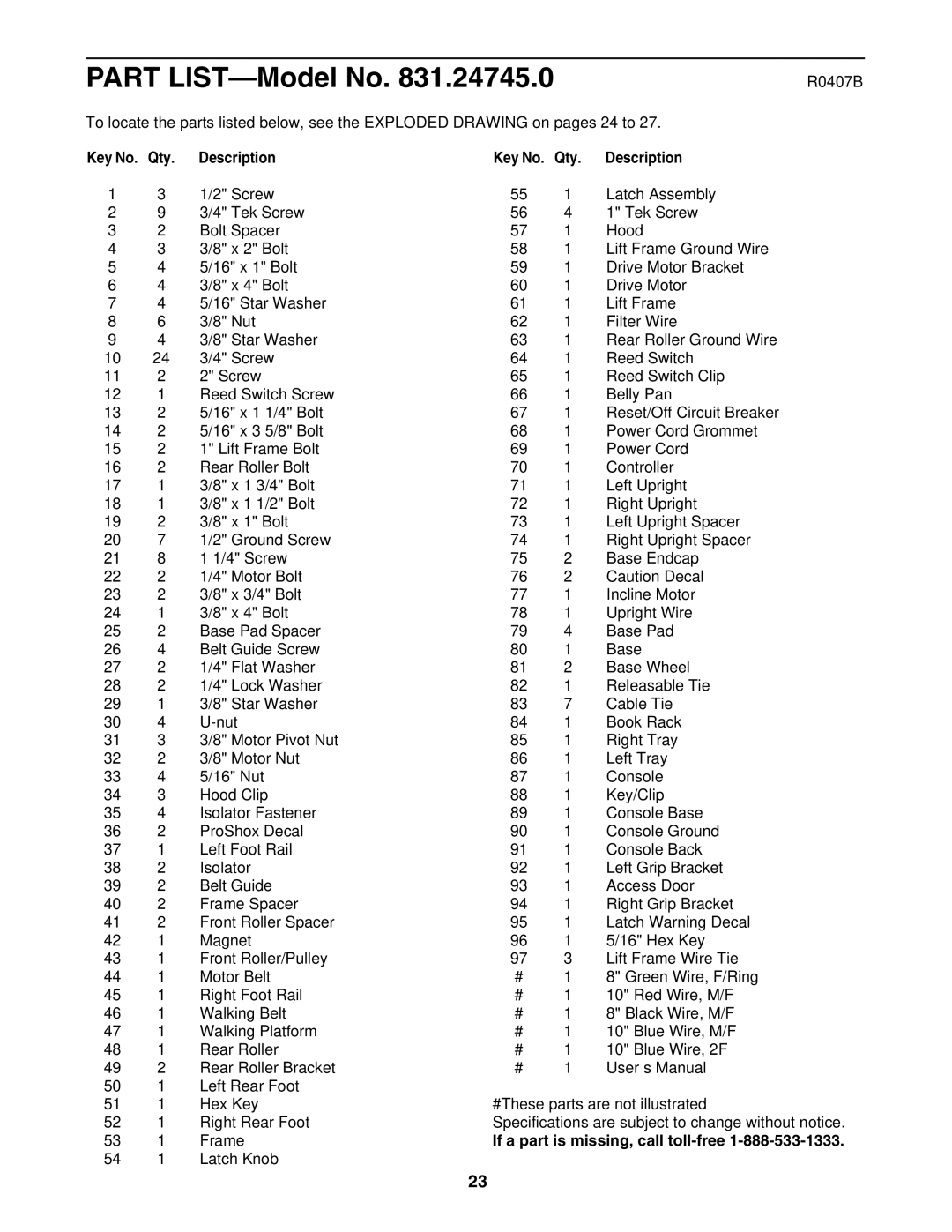 ProForm 831.24745.0 user manual R0407B, Qty Description, If a part is missing, call toll-free 