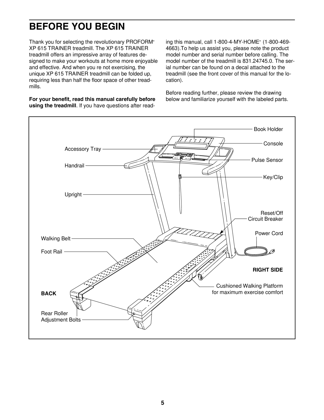 ProForm 831.24745.0 user manual Before YOU Begin, Right Side, Back 