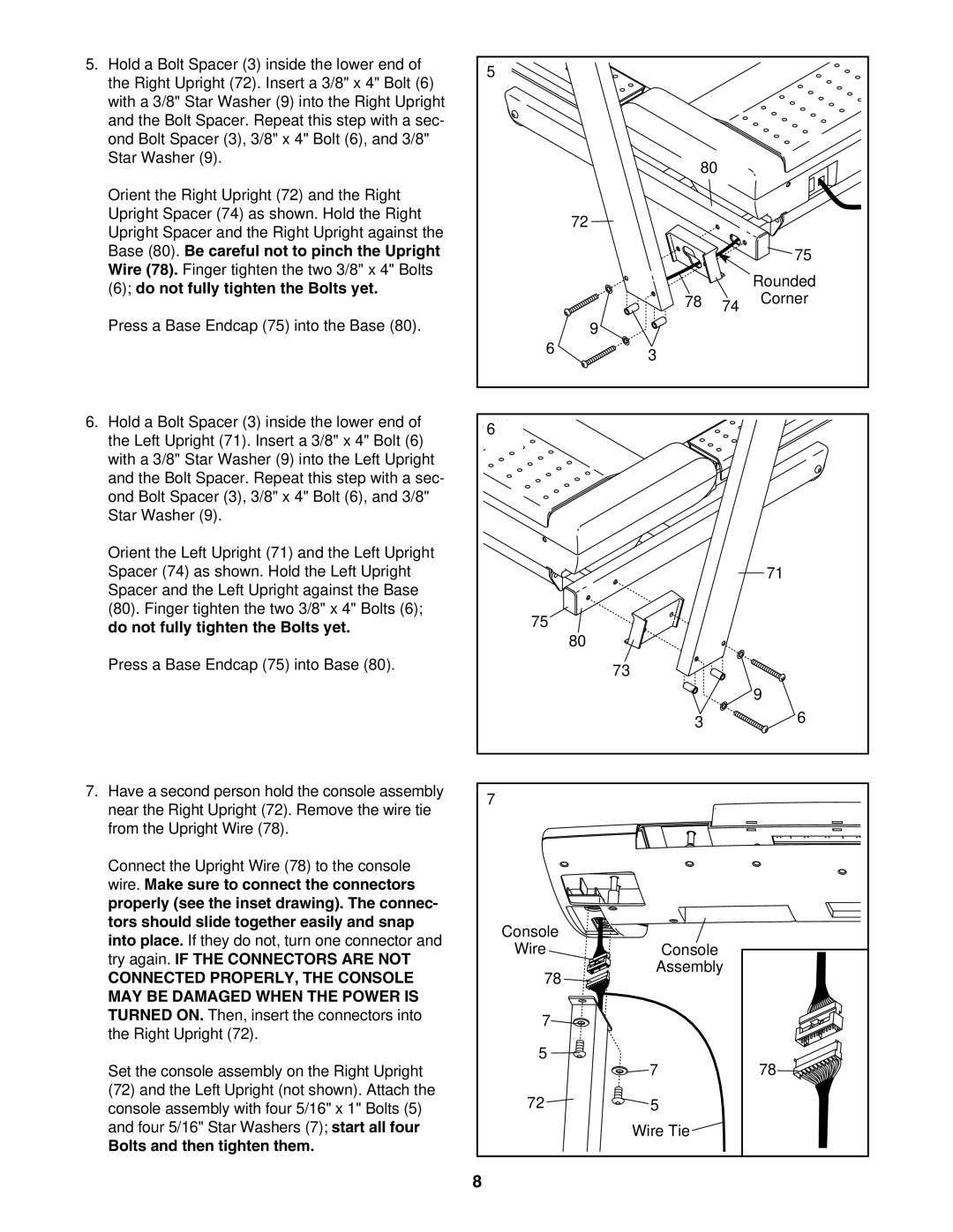 ProForm 831.24745.0 user manual Base 80. Be careful not to pinch the Upright, Do not fully tighten the Bolts yet 