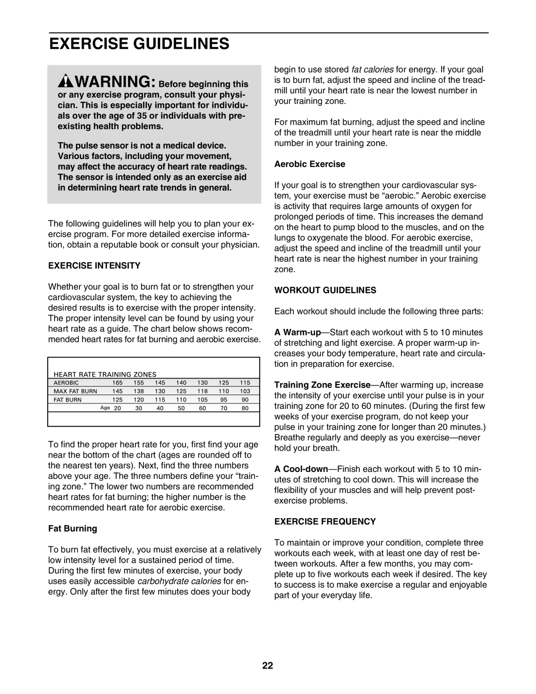 ProForm 831.24745.1 user manual Exercise Guidelines, Exercise Intensity, Workout Guidelines, Exercise Frequency 