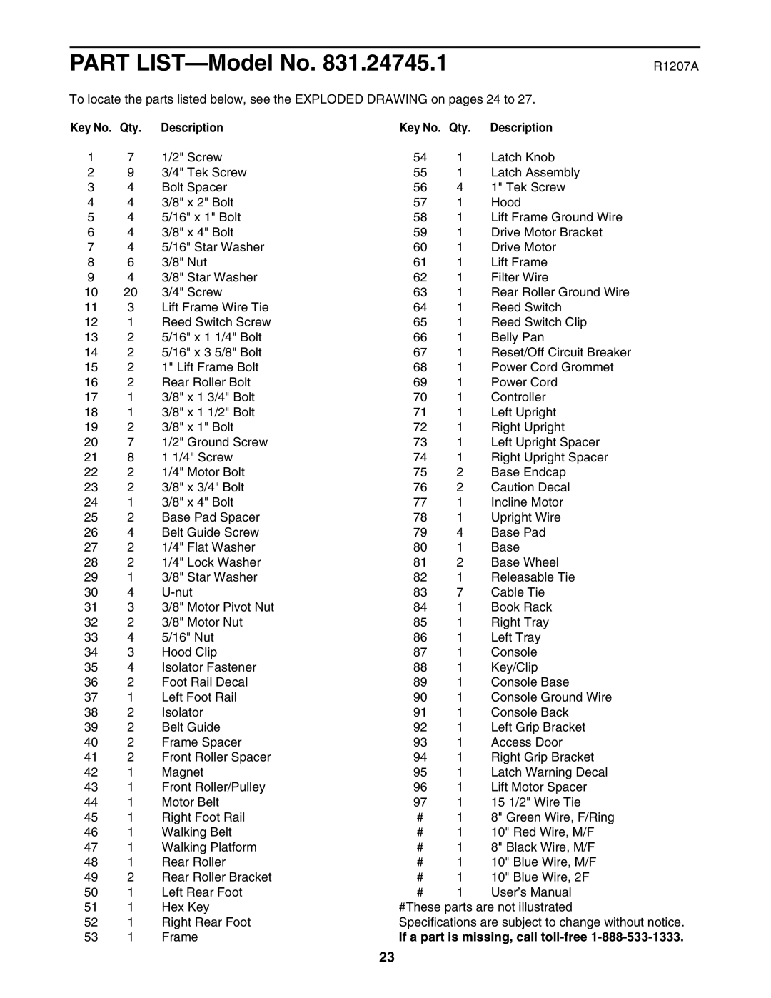ProForm 831.24745.1 user manual R1207A, Qty Description, If a part is missing, call toll-free 