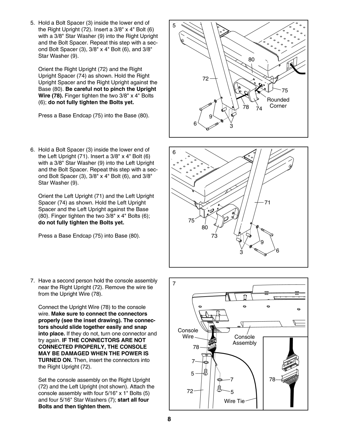 ProForm 831.24745.1 user manual Base 80. Be careful not to pinch the Upright, Do not fully tighten the Bolts yet 