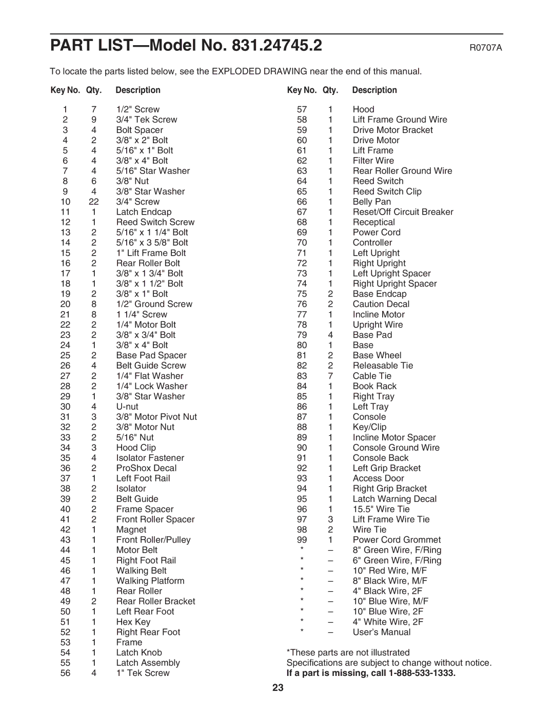 ProForm 831.24745.2 user manual R0707A, Qty Description, If a part is missing, call 