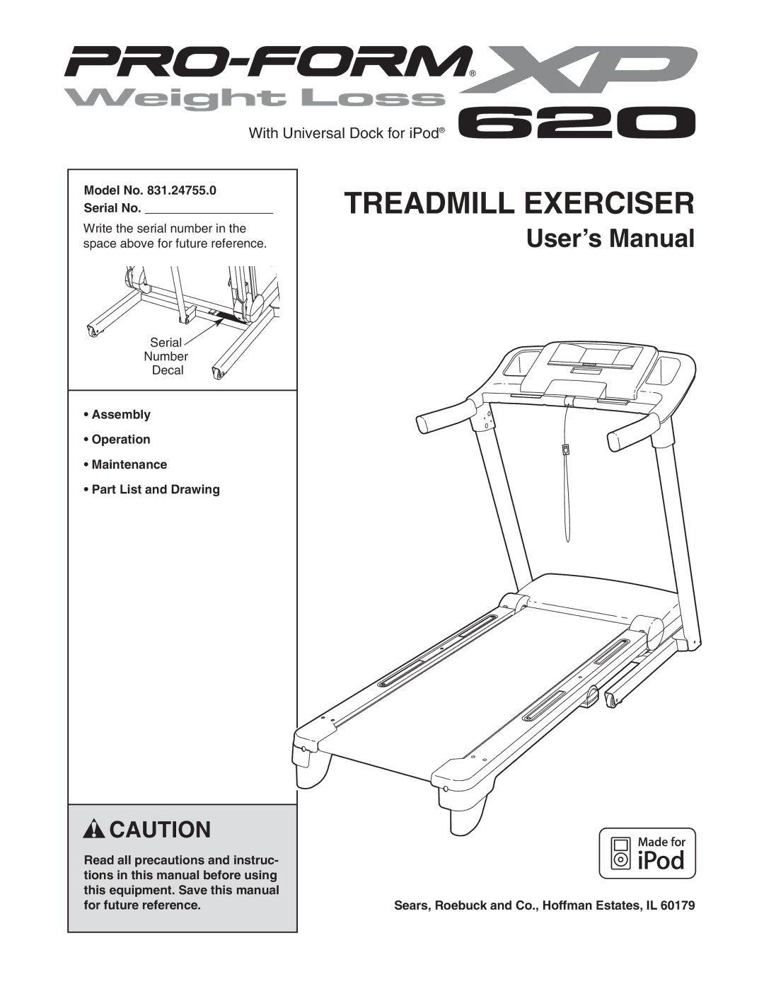 ProForm 831.24755.0 user manual Model No Serial No, Assembly Operation Maintenance Part List and Drawing 