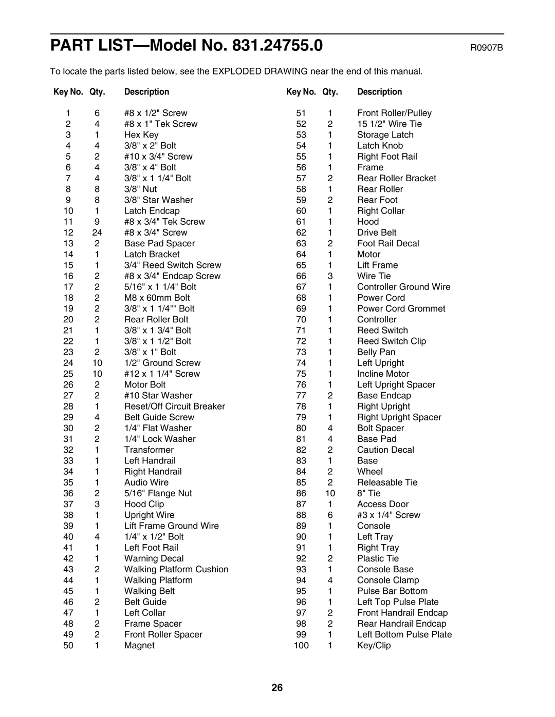 ProForm 831.24755.0 user manual R0907B, Qty Description 