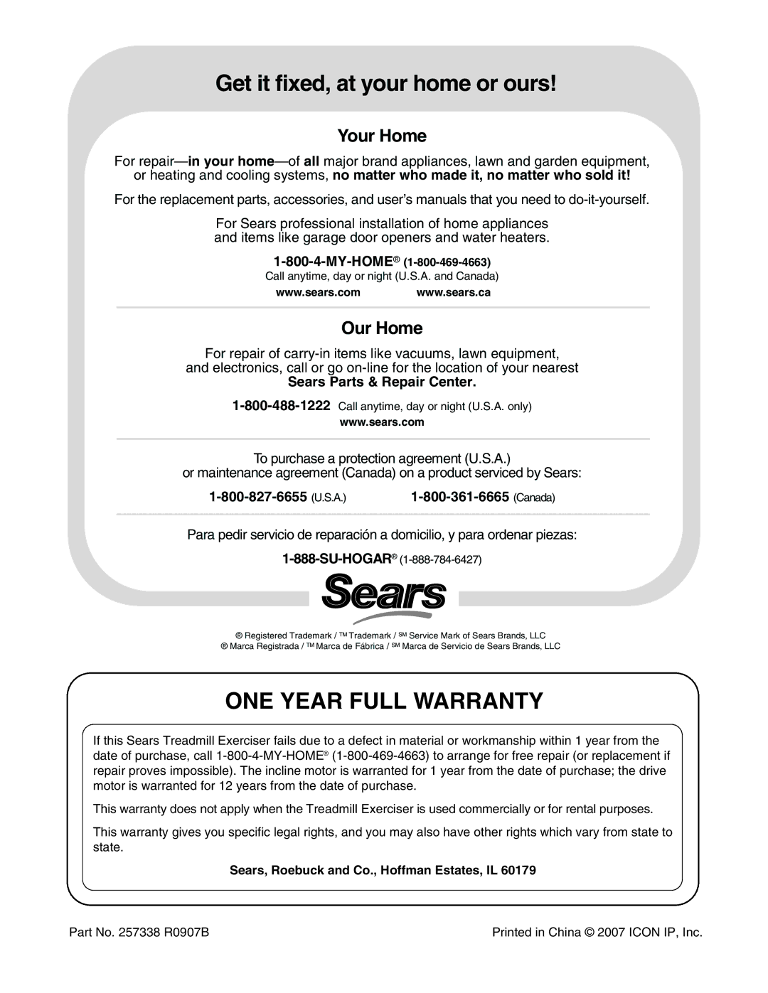 ProForm 831.24755.0 user manual Get it fixed, at your home or ours, ONE Year Full Warranty 