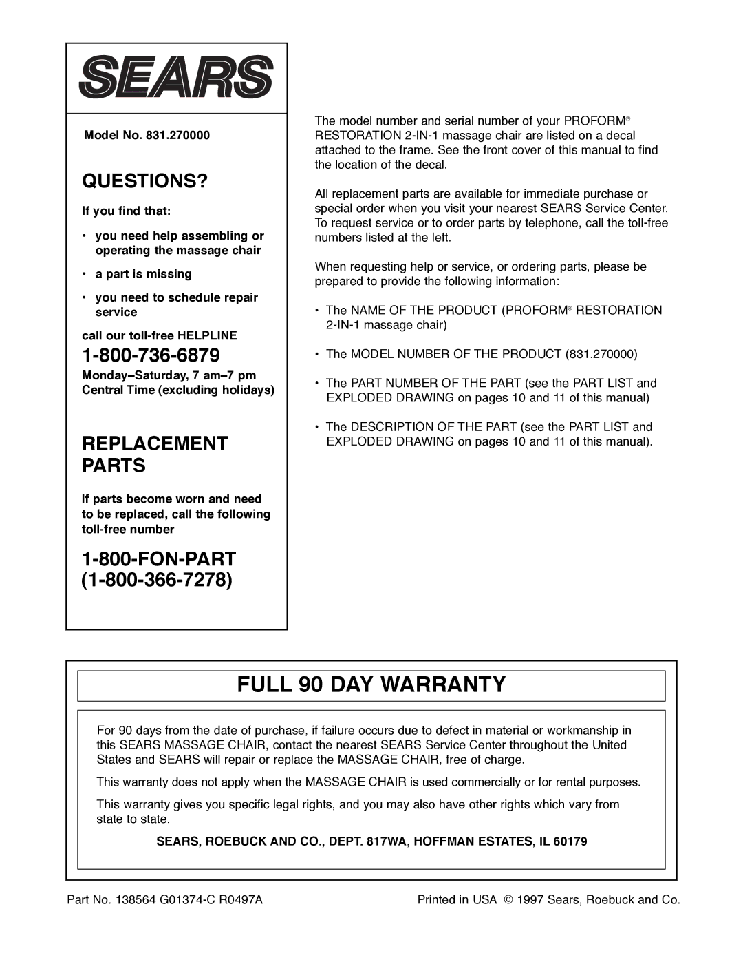 ProForm 831.270000 user manual Full 90 DAY Warranty, SEARS, Roebuck and CO., Dept WA, Hoffman ESTATES, IL 