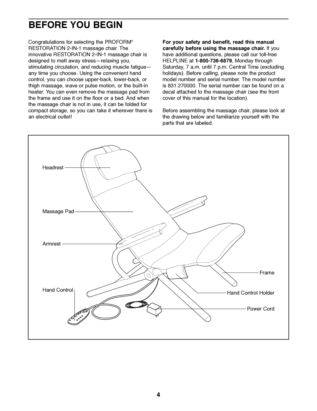 ProForm 831.270000 user manual Before YOU Begin 