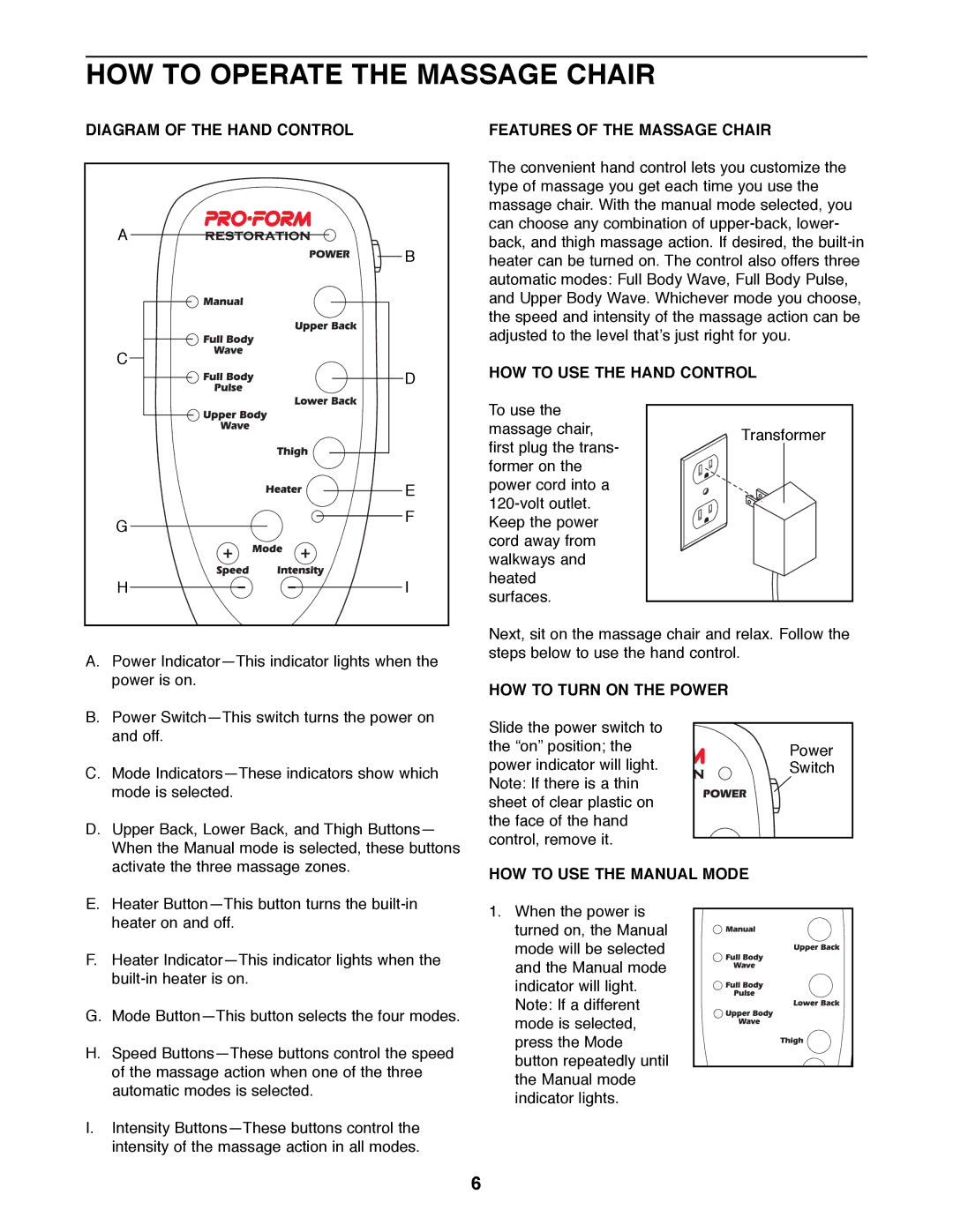 ProForm 831.270000 user manual HOW to Operate the Massage Chair, Diagram of the Hand Control Features of the Massage Chair 