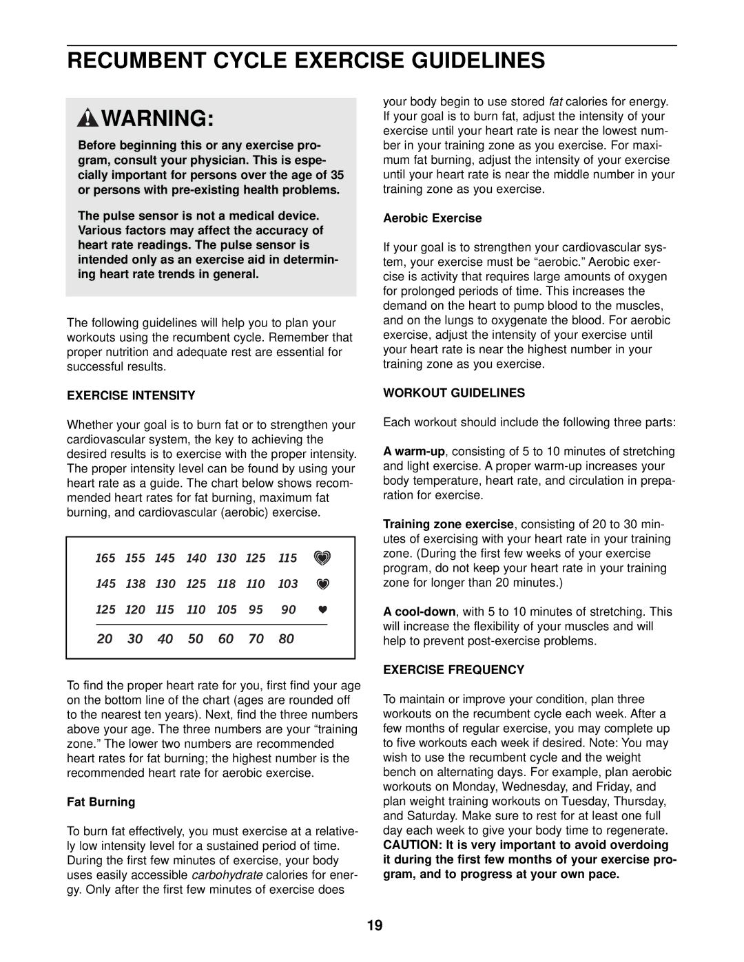 ProForm 831.280181 Recumbent Cycle Exercise Guidelines, Exercise Intensity, Workout Guidelines, Exercise Frequency 