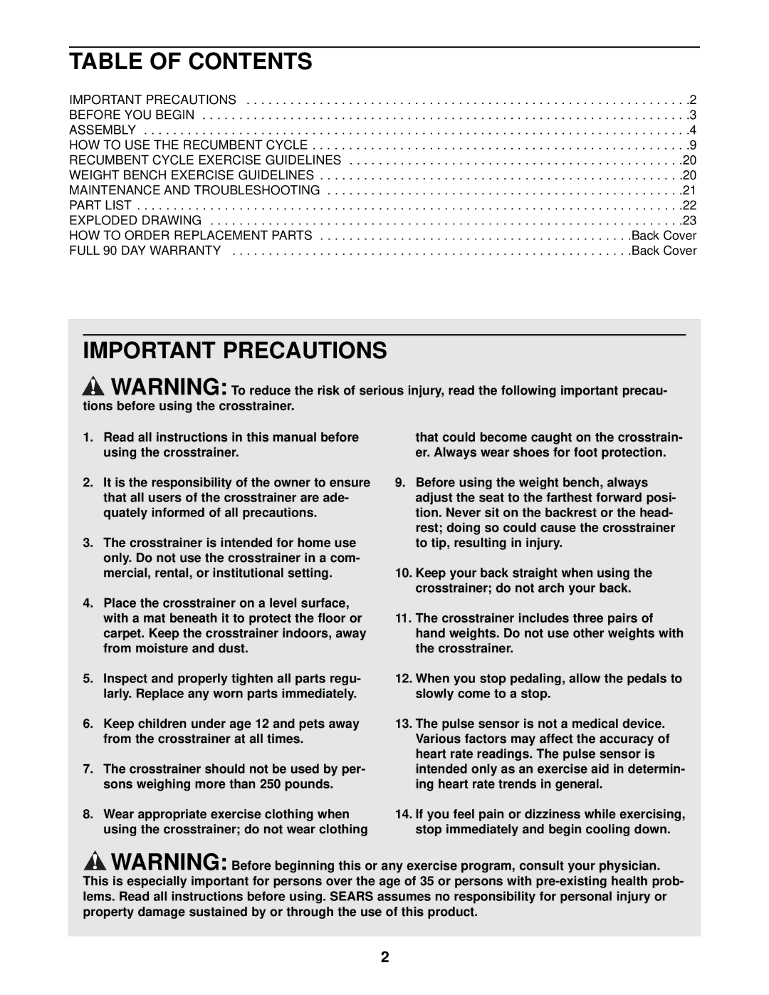 ProForm 831.280181 user manual Table of Contents, Important Precautions 