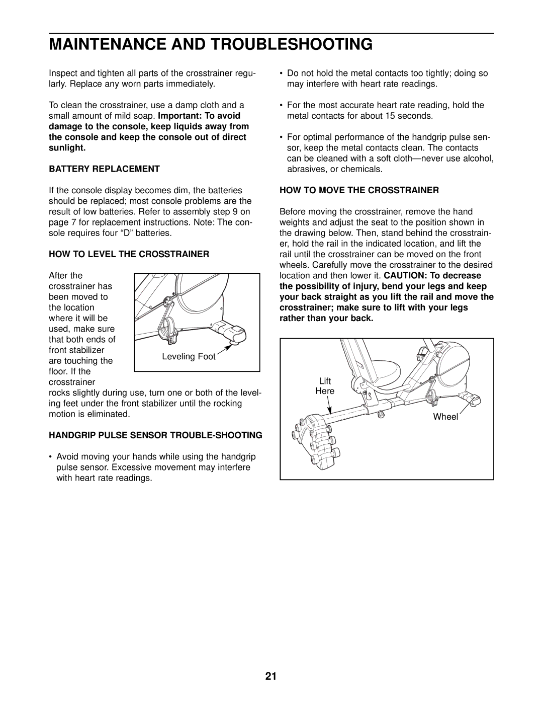 ProForm 831.280181 user manual Maintenance and Troubleshooting, Battery Replacement, HOW to Level the Crosstrainer 